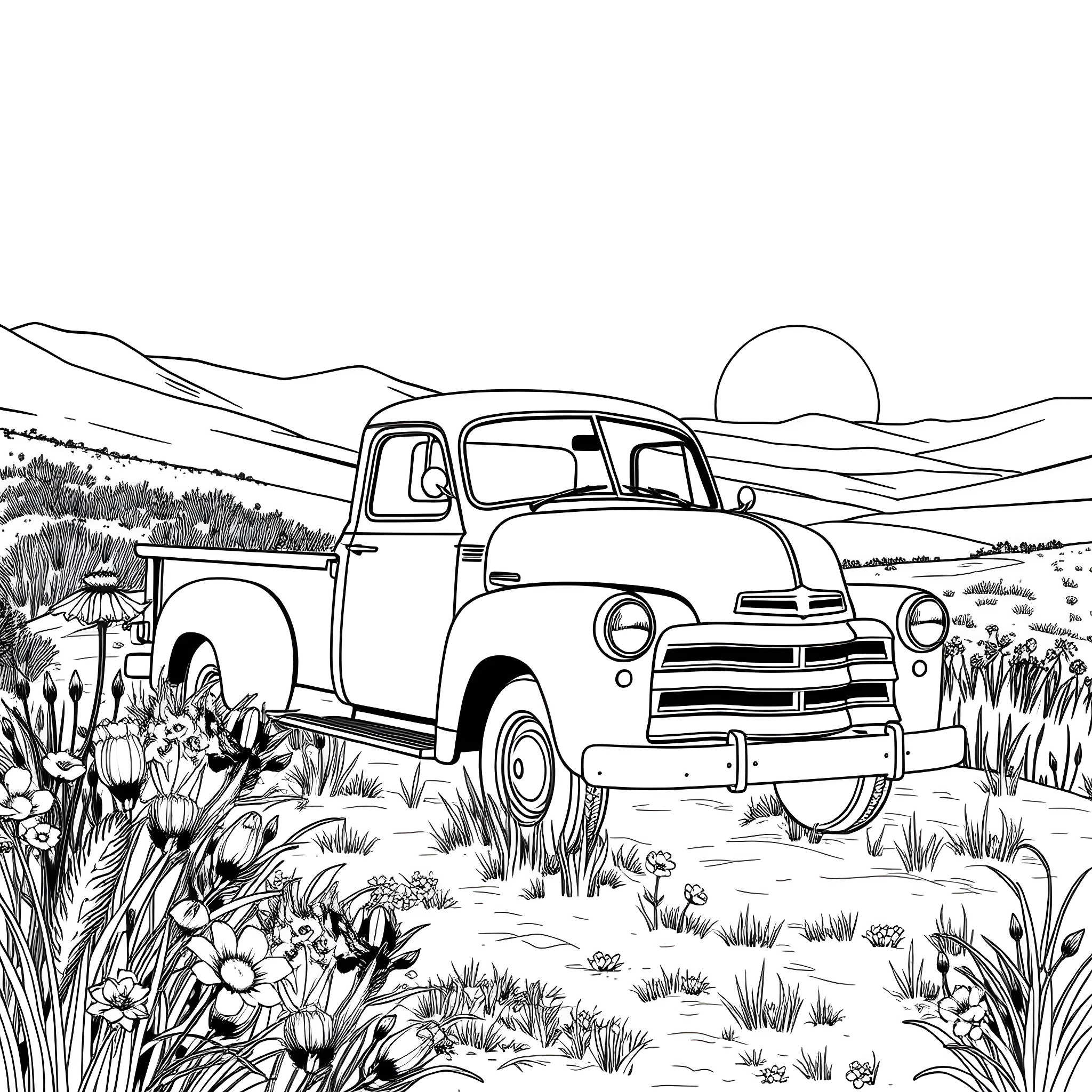 Truck parked in a nature landscape Coloring Page (free black-and-white line drawing printable PDF for all, from beginners to advanced learners, including children, teens, adults, and seniors)