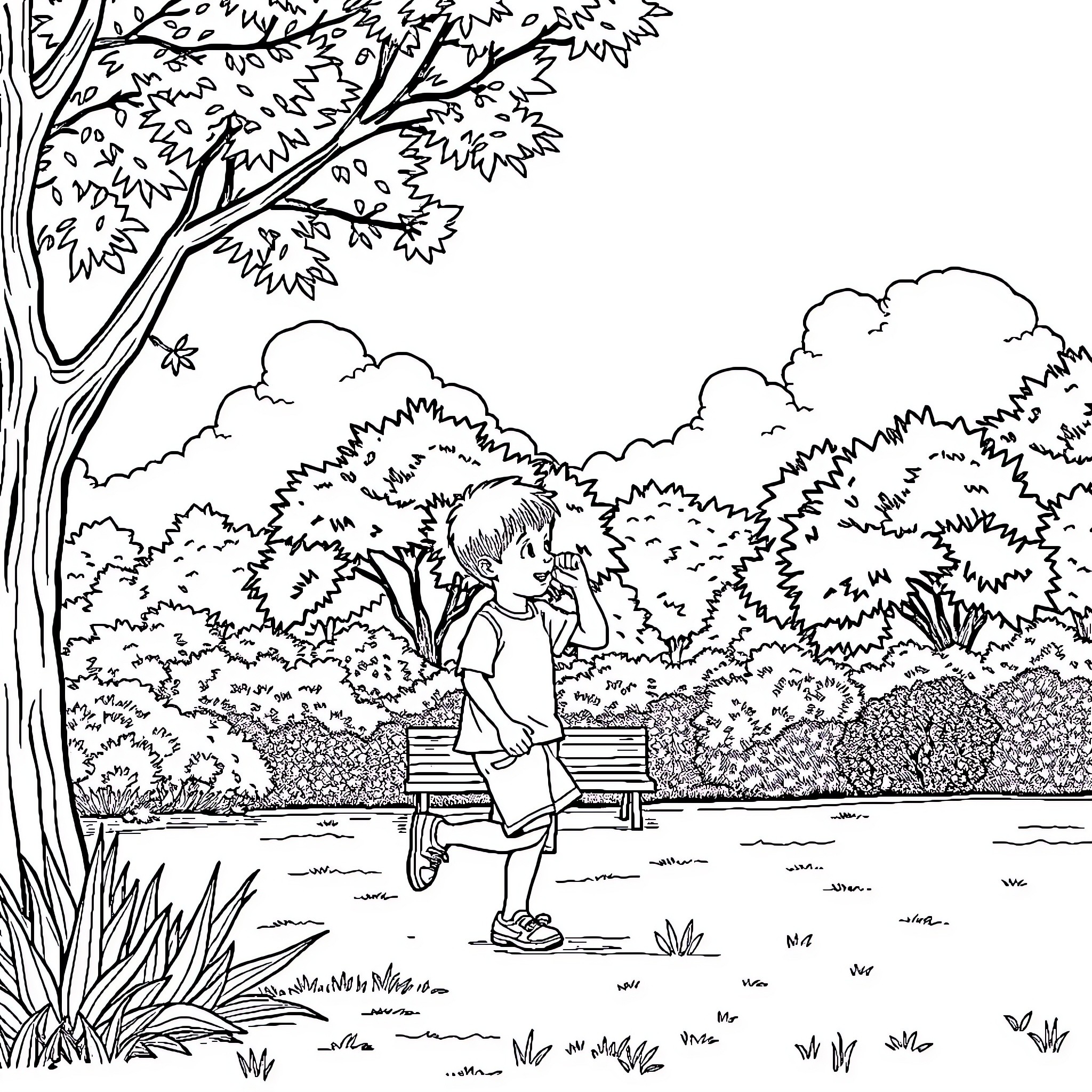 Boy playing in the park on a sunny day Coloring Page (free black-and-white line drawing printable PDF for all, from beginners to advanced learners, including children, teens, adults, and seniors)