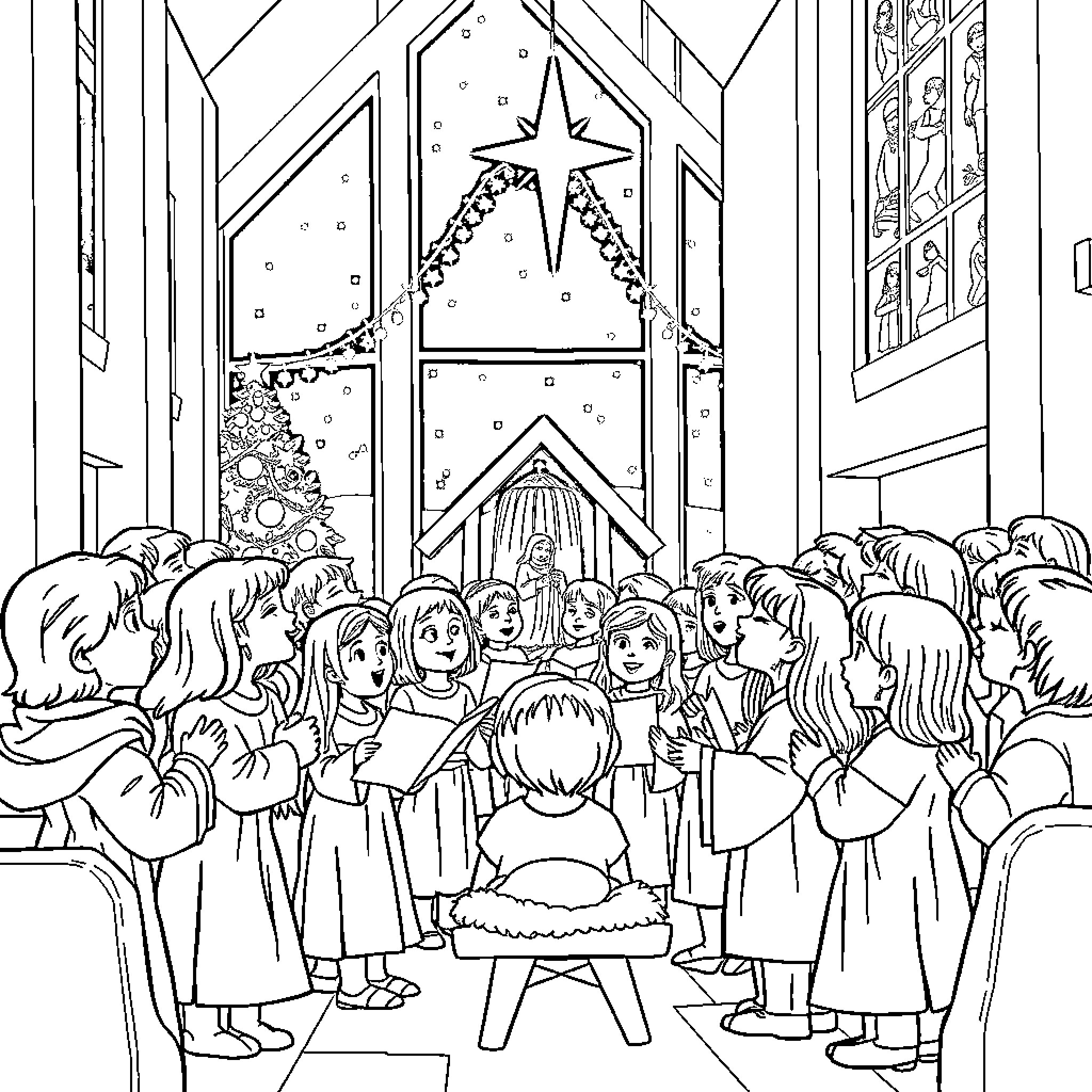 Kids singing carols in decorated church Coloring Page (free black-and-white line drawing printable PDF for all, from beginners to advanced learners, including children, teens, adults, and seniors)