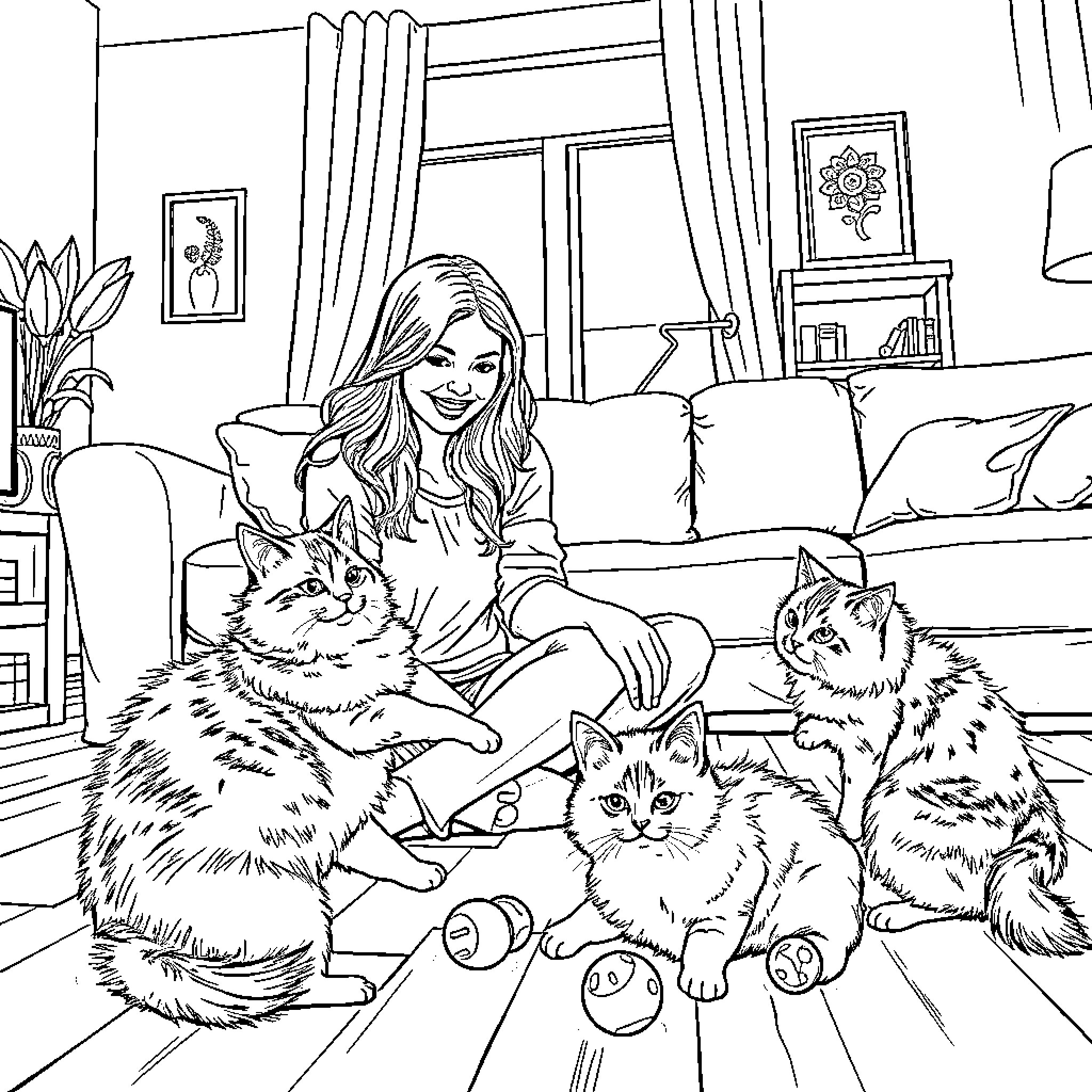 Cat Companion: Woman Enjoying Time with Her Feline Friends Coloring Page (free black-and-white line drawing printable PDF for all, from beginners to advanced learners, including children, teens, adults, and seniors)