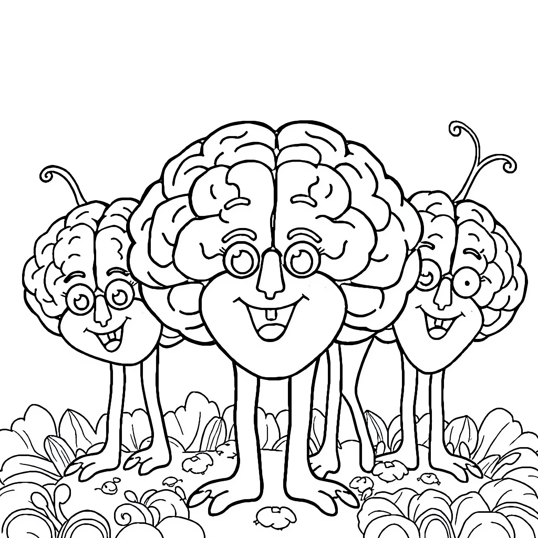 Braintrot Brains Expressing Happiness in Nature Coloring Page (free black-and-white line drawing printable PDF for all, from beginners to advanced learners, including children, teens, adults, and seniors)