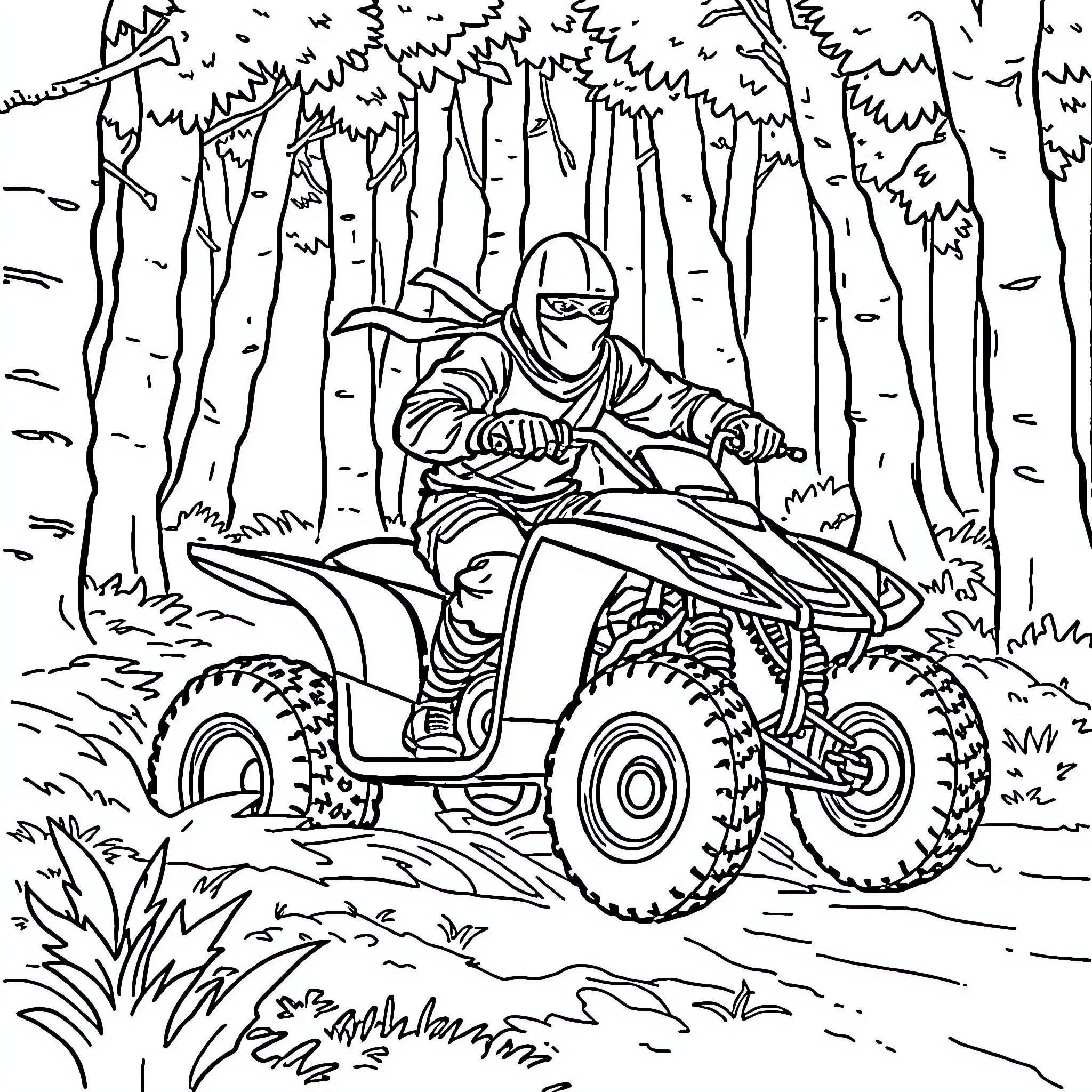 Ninja riding ATV through forest Coloring Page (free black-and-white line drawing printable PDF for all, from beginners to advanced learners, including children, teens, adults, and seniors)
