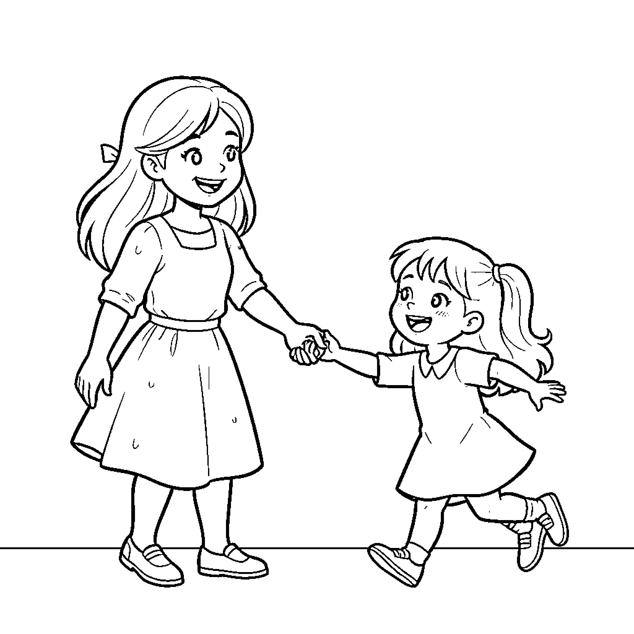 Hermanas walking and playing together Coloring Page (free black-and-white line drawing printable PDF for all, from beginners to advanced learners, including children, teens, adults, and seniors)