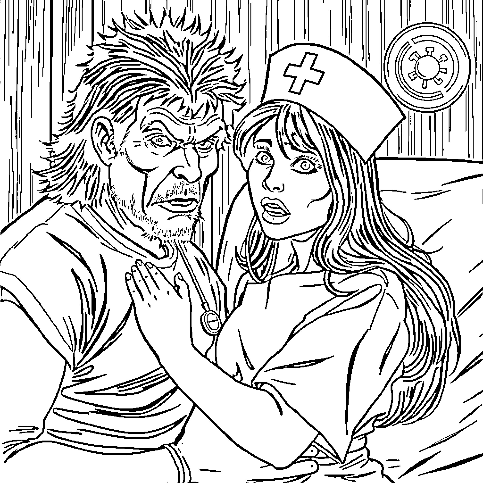 Nurse comforting an anxious patient Coloring Page (free black-and-white line drawing printable PDF for all, from beginners to advanced learners, including children, teens, adults, and seniors)