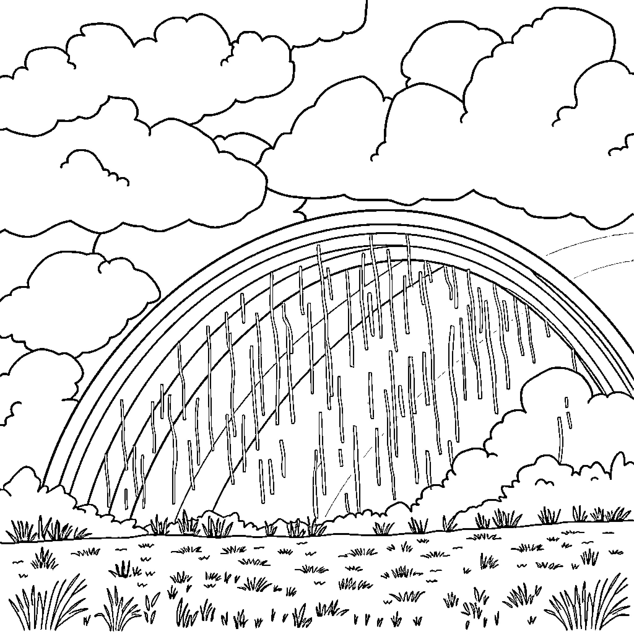 Rainbow-Filled Sky with Cascading Droplets Coloring Page (free black-and-white line drawing printable PDF for all, from beginners to advanced learners, including children, teens, adults, and seniors)