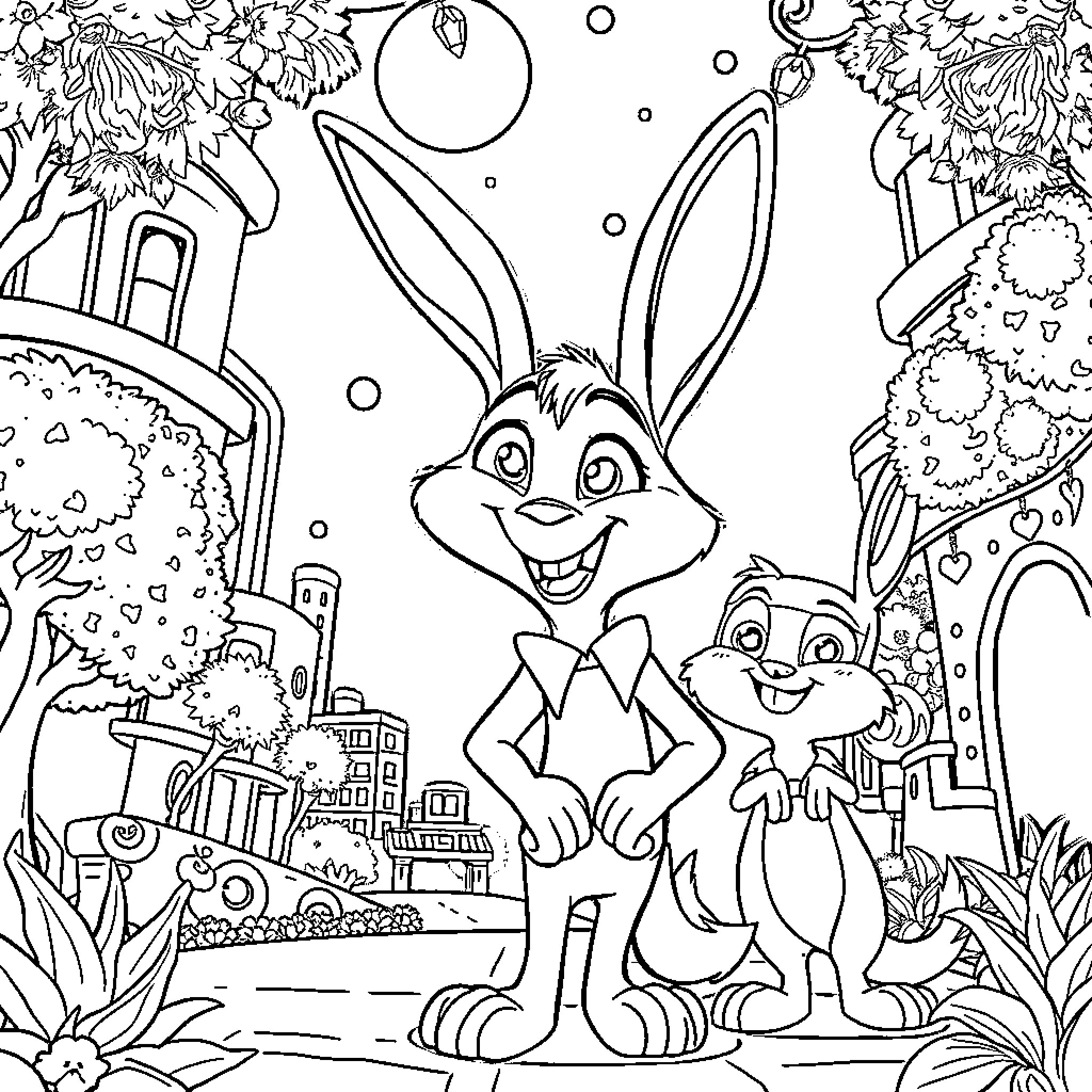 Zootopia - Playful Rabbit Duo in a Whimsical Setting Coloring Page (free black-and-white line drawing printable PDF for all, from beginners to advanced learners, including children, teens, adults, and seniors)