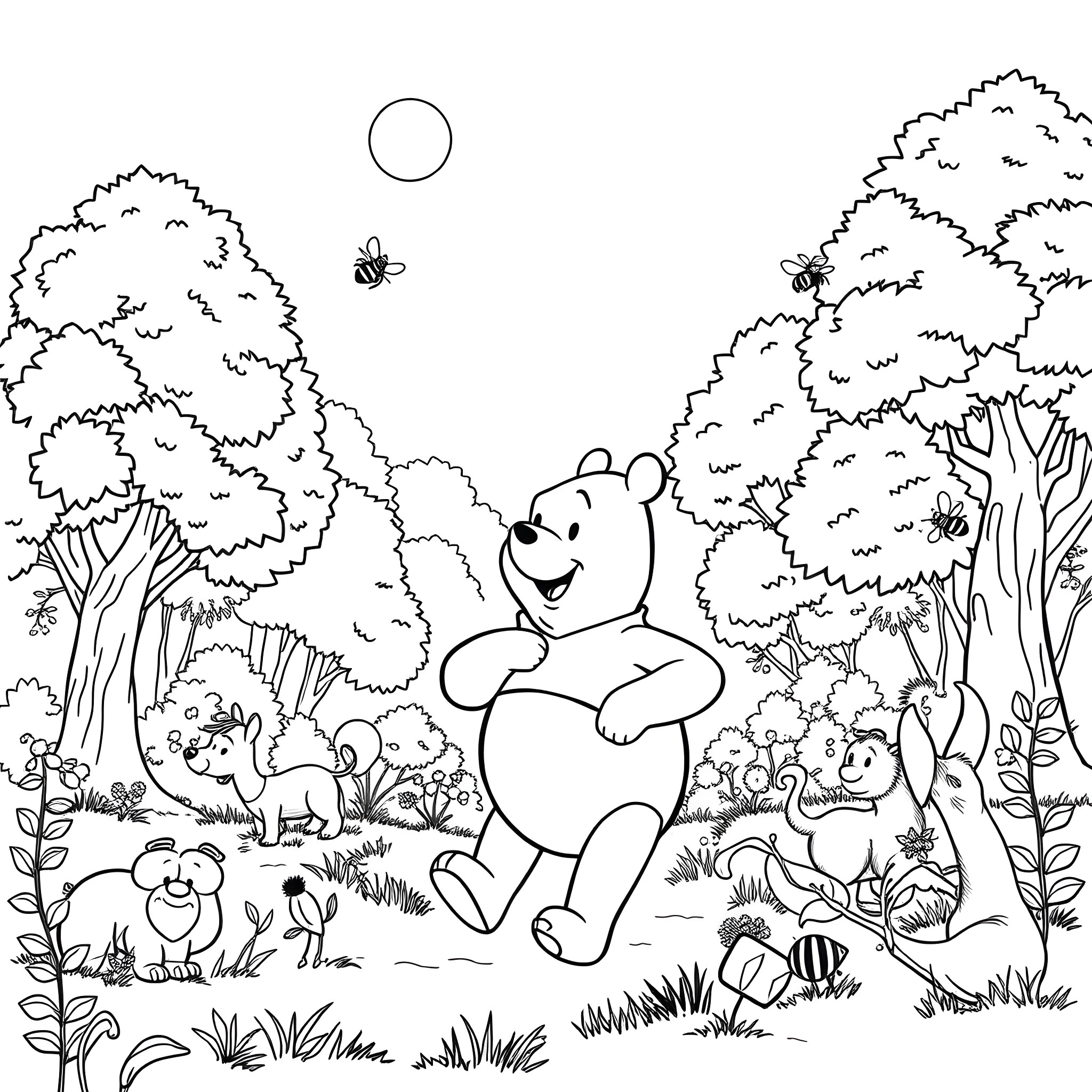 Winnie Pooh enjoying a sunny day in the forest Coloring Page (free black-and-white line drawing printable PDF for all, from beginners to advanced learners, including children, teens, adults, and seniors)