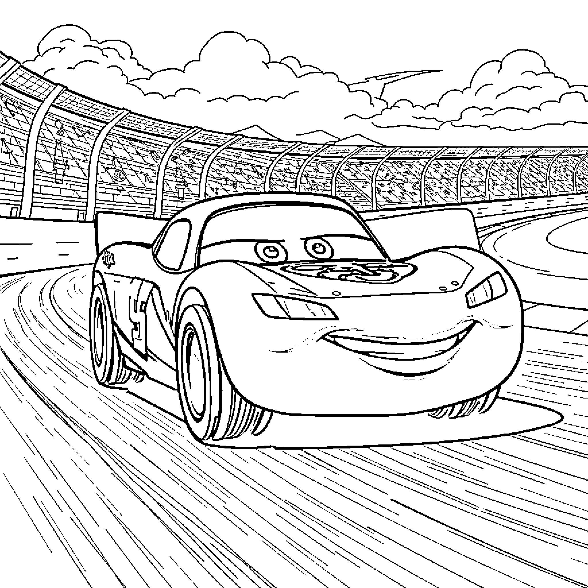 Lightning McQueen racing on the track Coloring Page (free black-and-white line drawing printable PDF for all, from beginners to advanced learners, including children, teens, adults, and seniors)