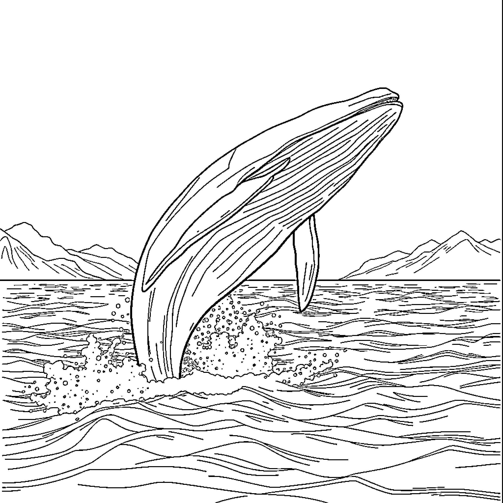 Whale breaching the waves in an oceanic landscape Coloring Page (free black-and-white line drawing printable PDF for all, from beginners to advanced learners, including children, teens, adults, and seniors)
