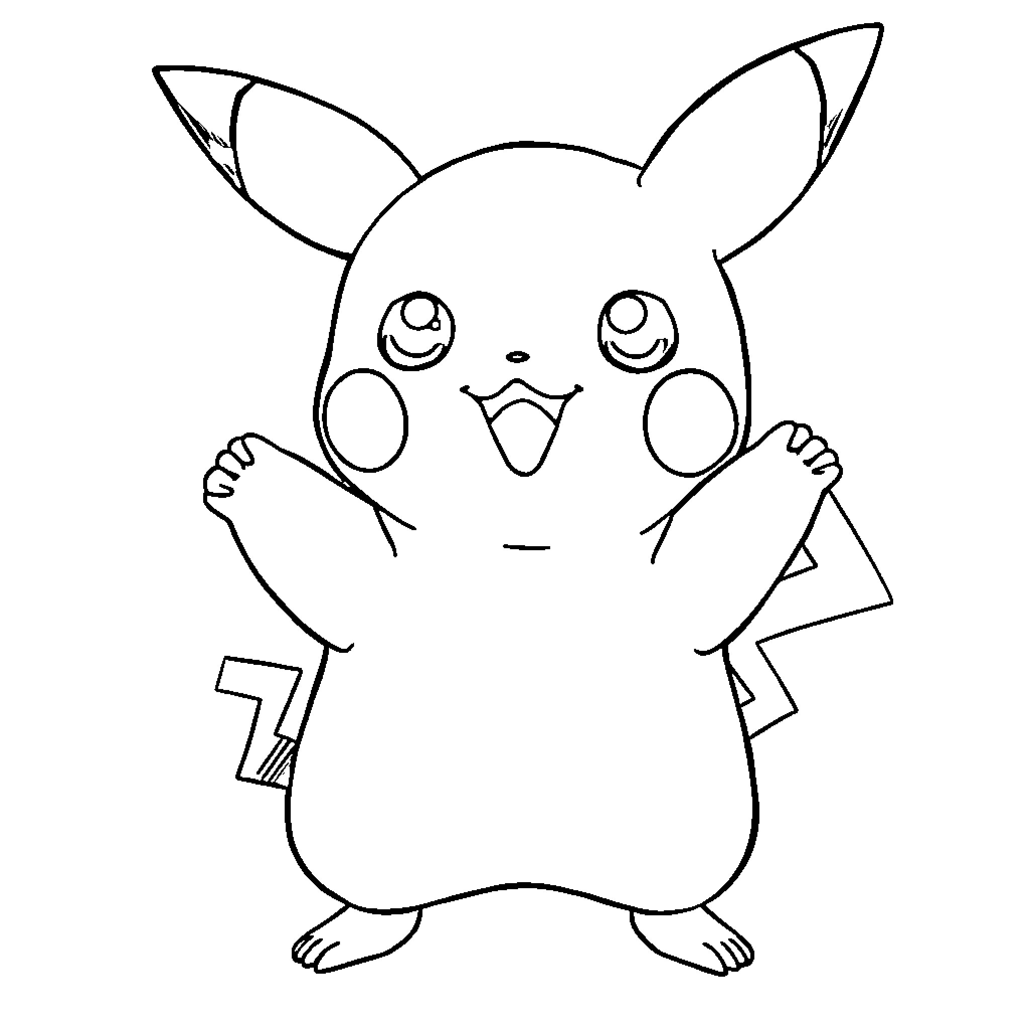 Pikachu in a cute and friendly pose Coloring Page (free black-and-white line drawing printable PDF for all, from beginners to advanced learners, including children, teens, adults, and seniors)
