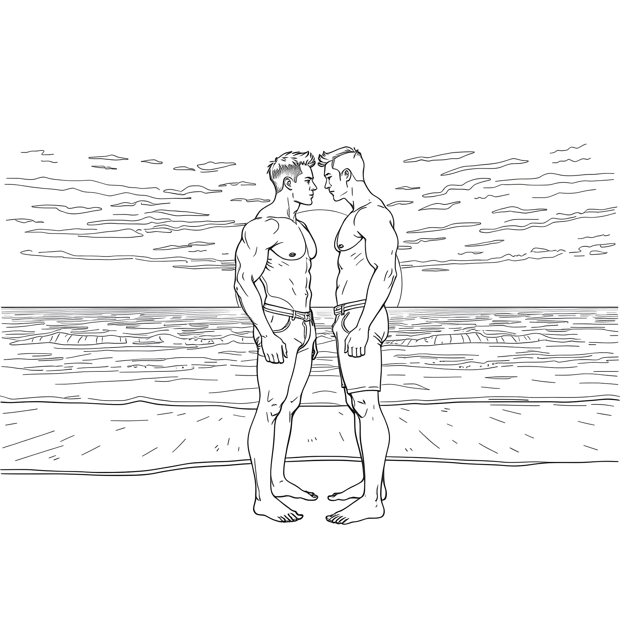 Guy and friend enjoying scenic ocean view Coloring Page (free black-and-white line drawing printable PDF for all, from beginners to advanced learners, including children, teens, adults, and seniors)