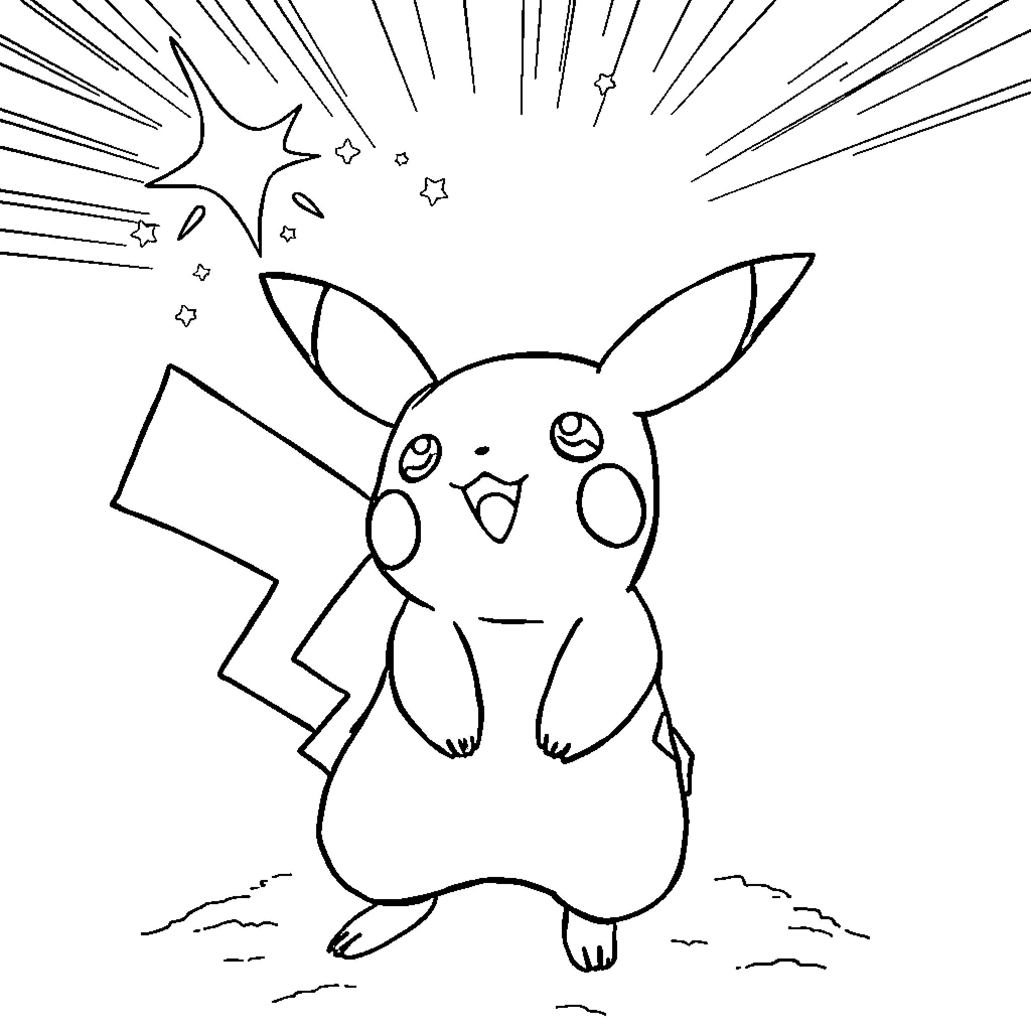Pikachu excitedly using electric powers Coloring Page (free black-and-white line drawing printable PDF for all, from beginners to advanced learners, including children, teens, adults, and seniors)