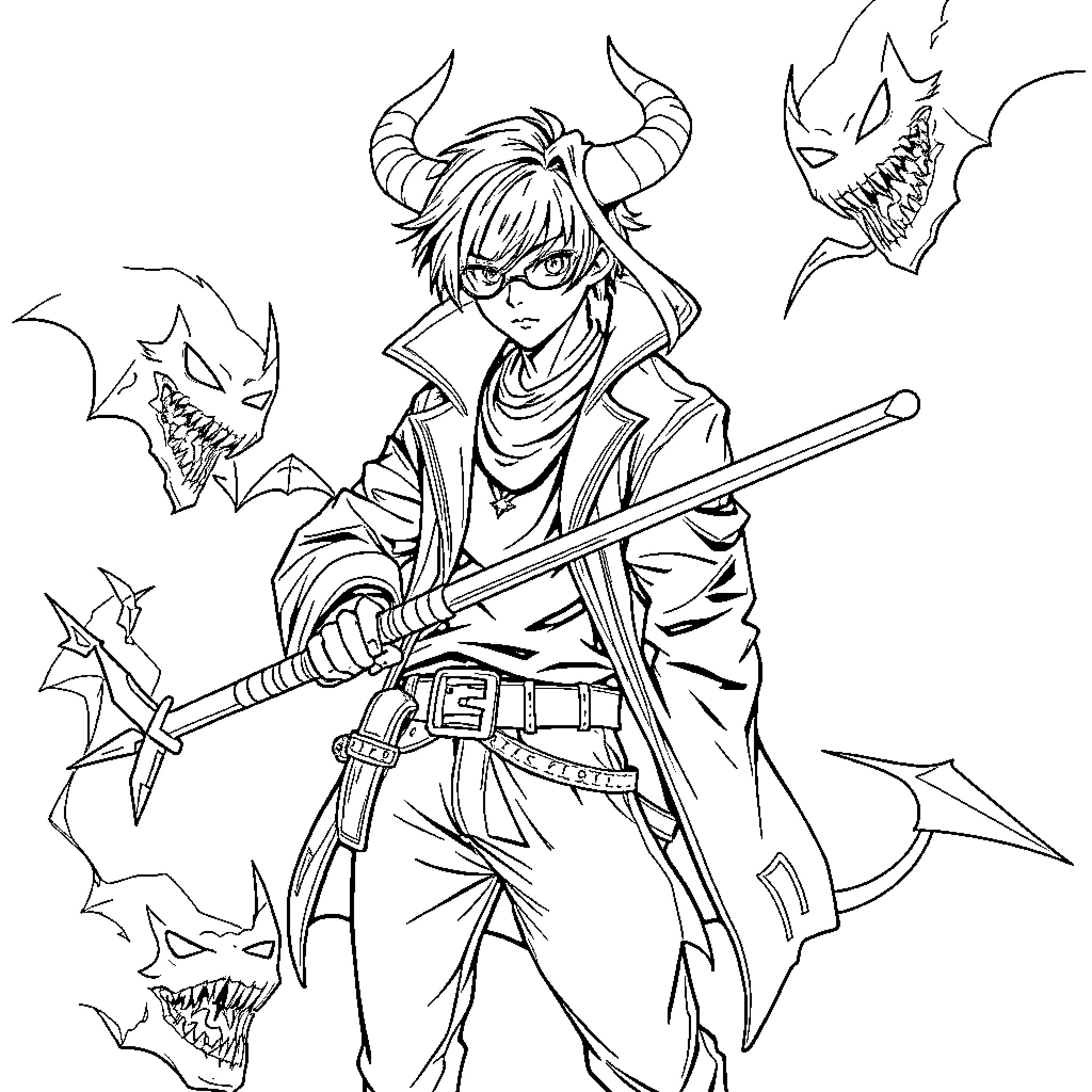 Demon Hunter battling fierce demonic creatures Coloring Page (free black-and-white line drawing printable PDF for all, from beginners to advanced learners, including children, teens, adults, and seniors)