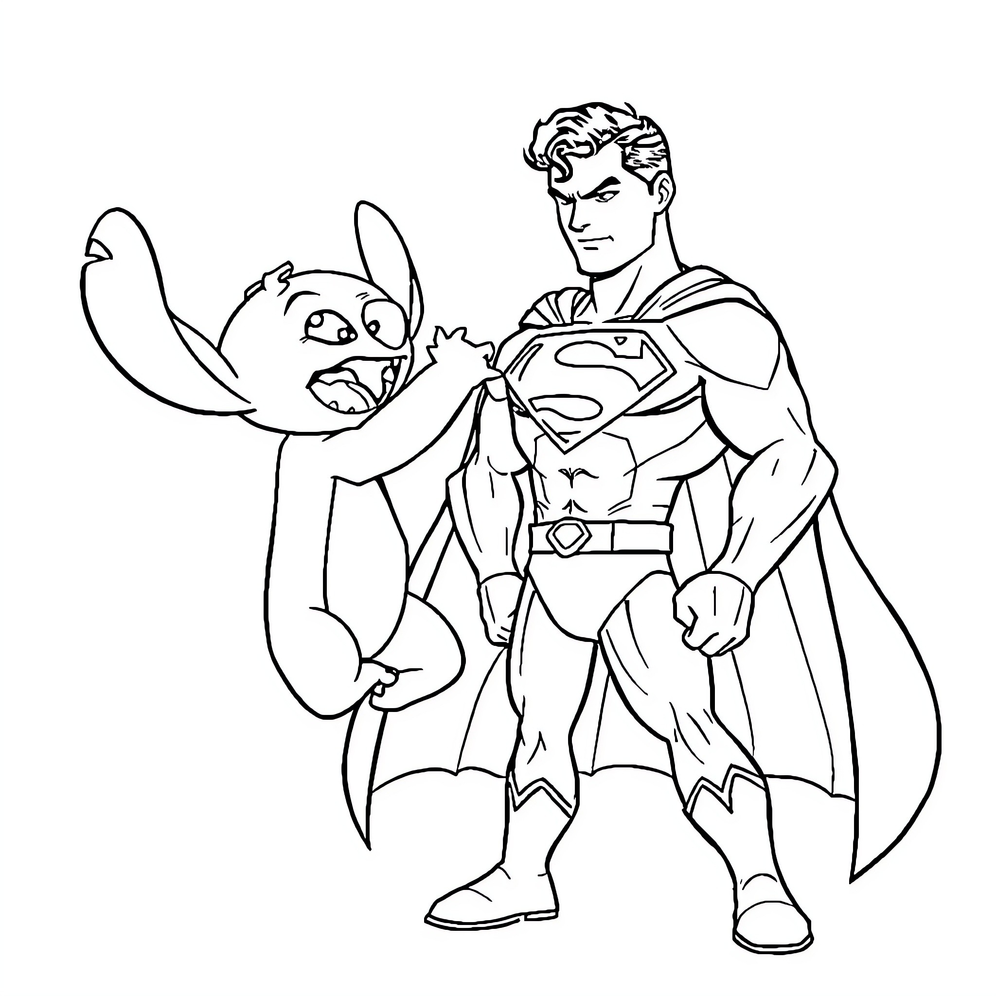 Stitch Befriends Mighty Superhero Coloring Page (free black-and-white line drawing printable PDF for all, from beginners to advanced learners, including children, teens, adults, and seniors)
