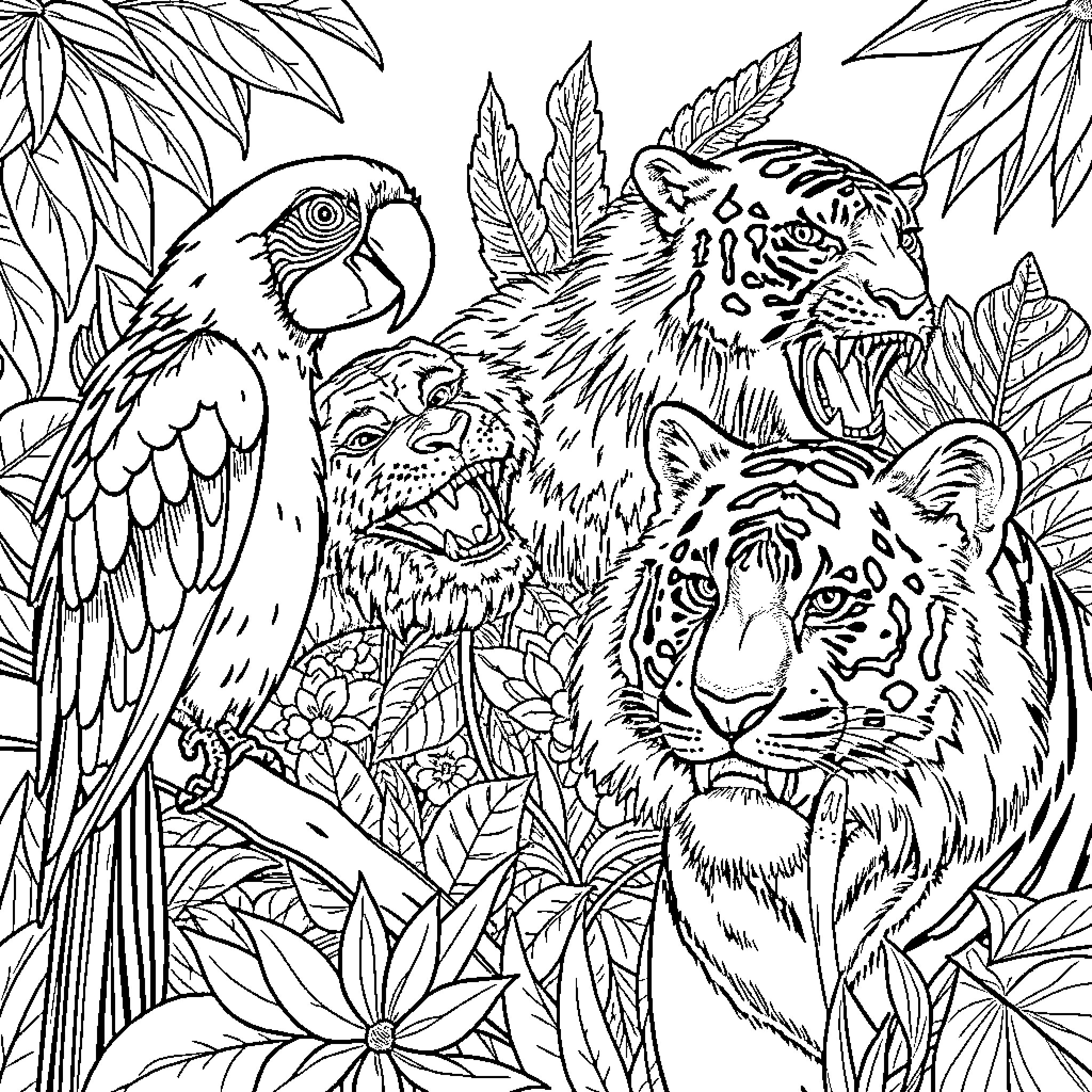 Animal Jungle Scene with Diverse Wildlife Coloring Page (free black-and-white line drawing printable PDF for all, from beginners to advanced learners, including children, teens, adults, and seniors)