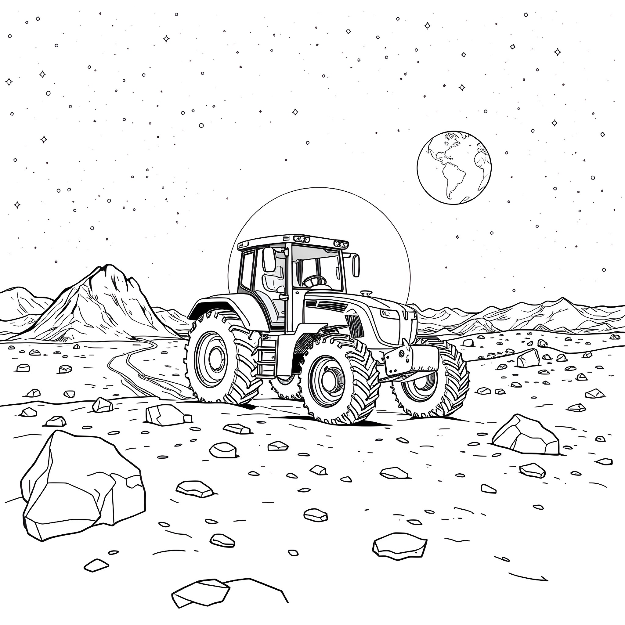 Tractor driving through a rocky desert landscape Coloring Page (free black-and-white line drawing printable PDF for all, from beginners to advanced learners, including children, teens, adults, and seniors)