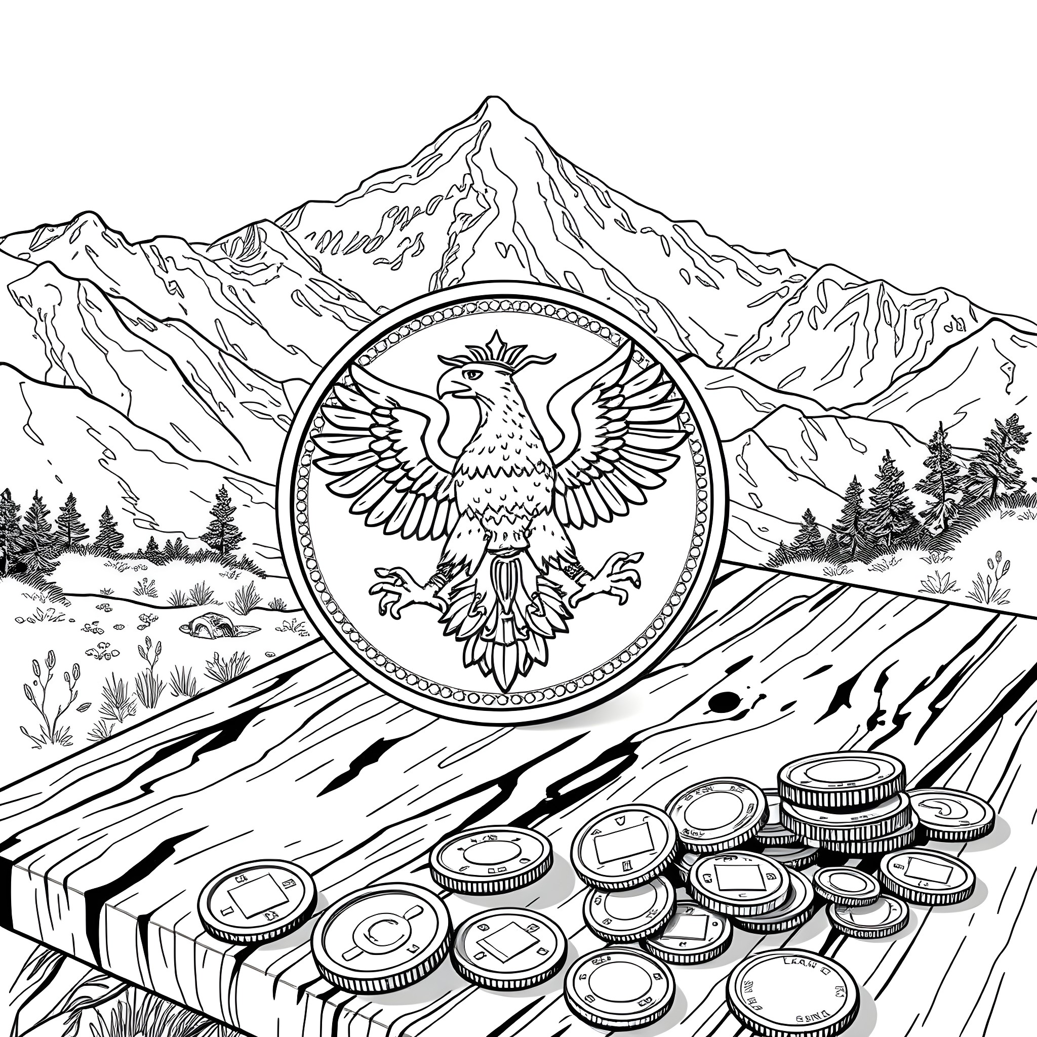 Eagle emblem on a mountainous landscape Coloring Page (free black-and-white line drawing printable PDF for all, from beginners to advanced learners, including children, teens, adults, and seniors)