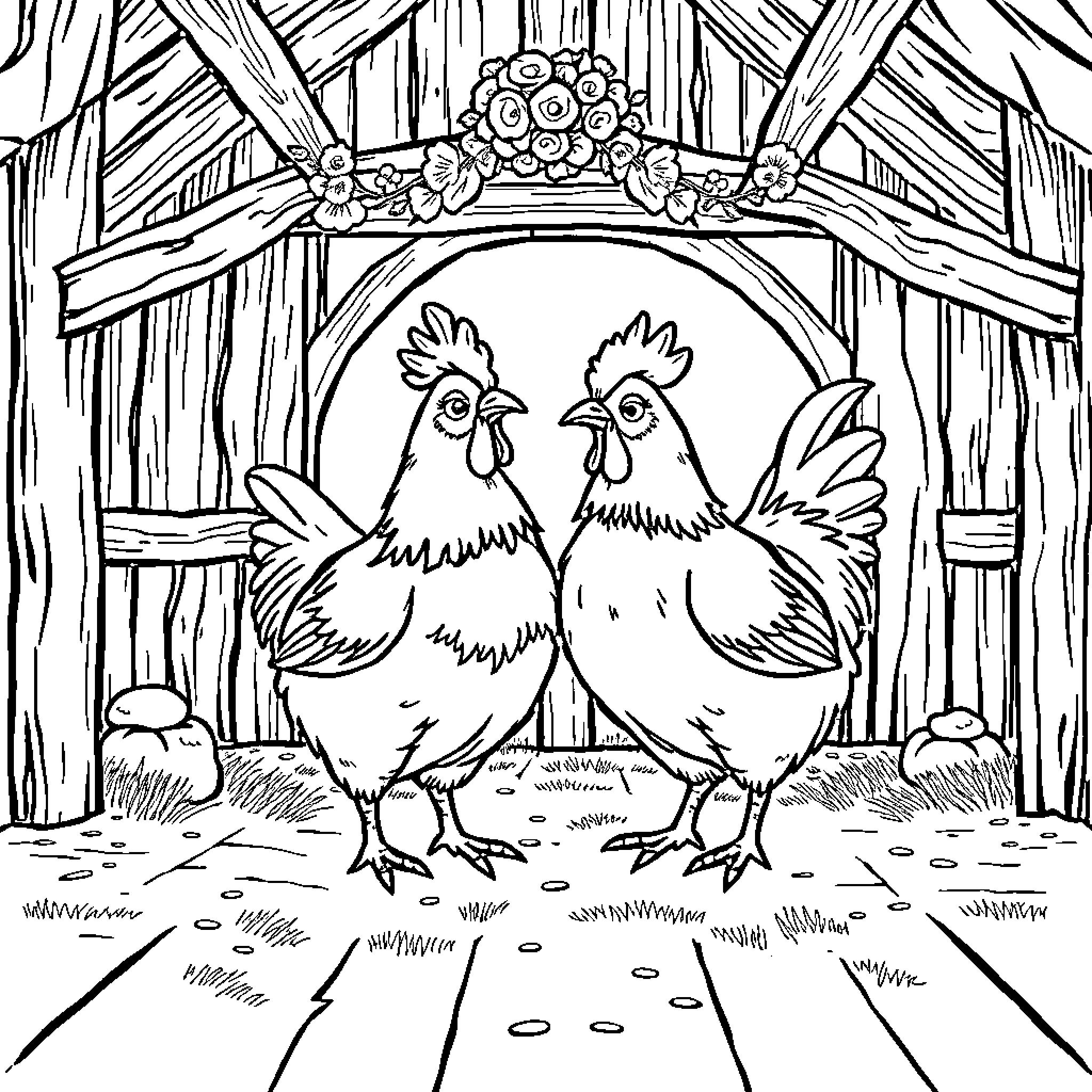 Chicken couple in rustic barn setting Coloring Page (free black-and-white line drawing printable PDF for all, from beginners to advanced learners, including children, teens, adults, and seniors)