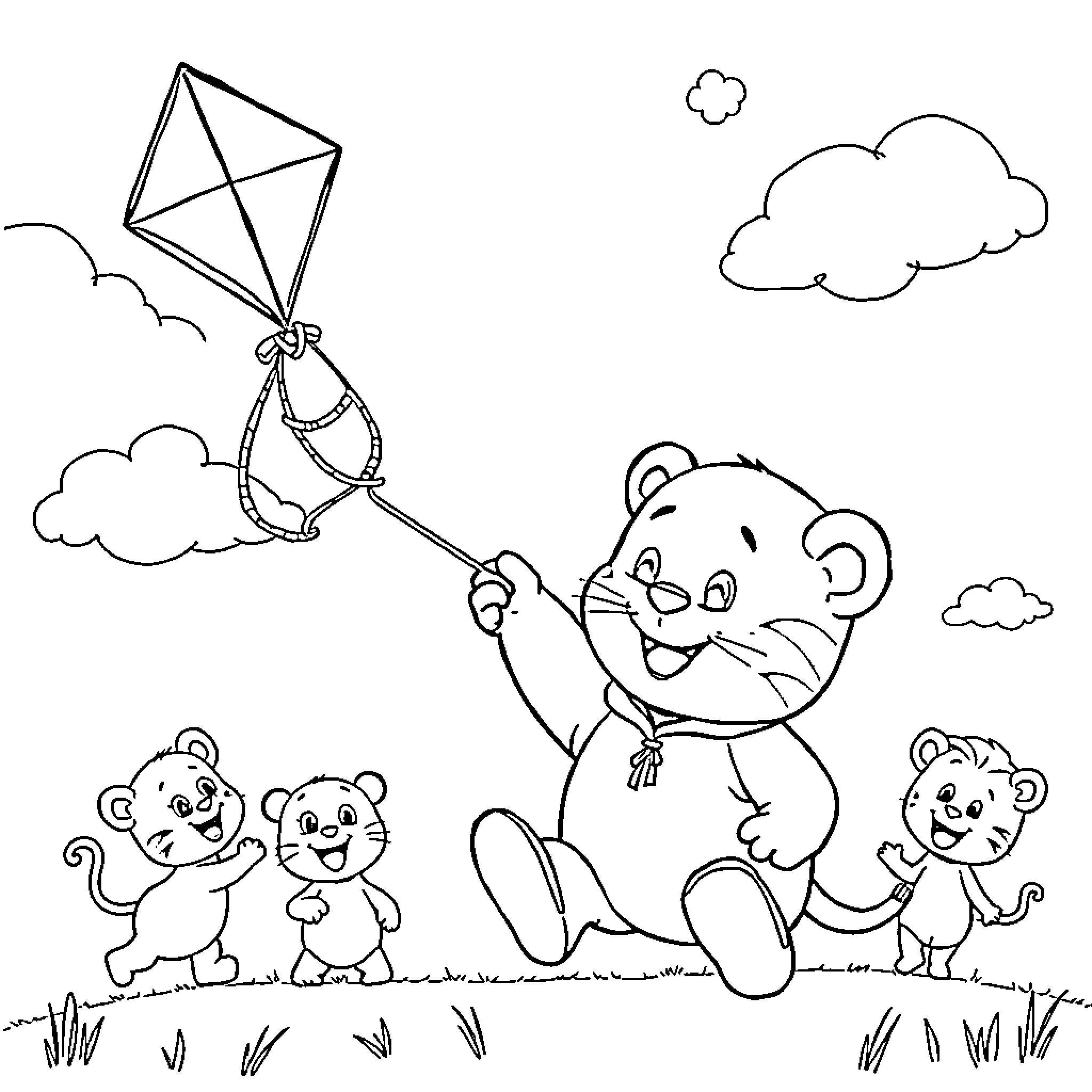 Daniel Tiger playing with kite and friends in the park Coloring Page (free black-and-white line drawing printable PDF for all, from beginners to advanced learners, including children, teens, adults, and seniors)