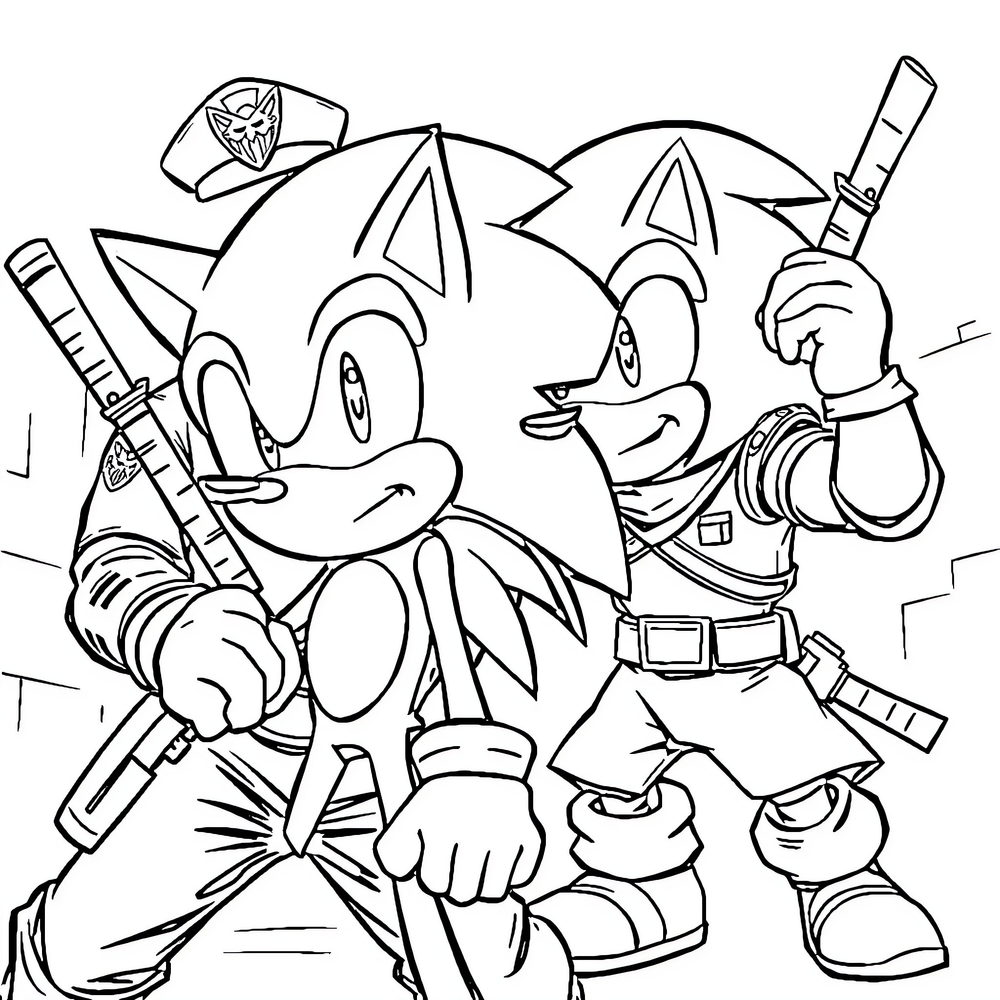 Ninja hedgehogs in action-packed combat Coloring Page (free black-and-white line drawing printable PDF for all, from beginners to advanced learners, including children, teens, adults, and seniors)