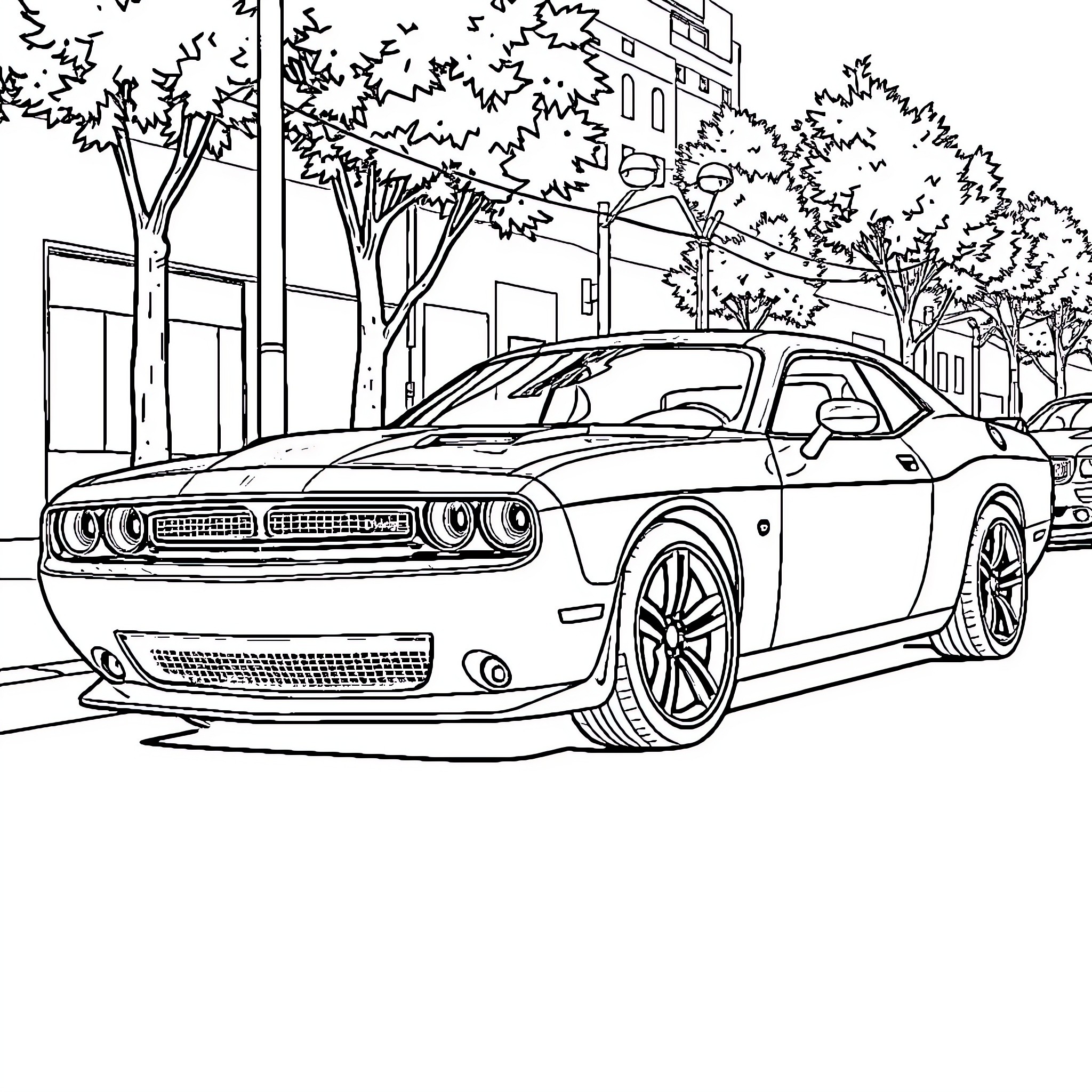 Dodge Challenger in urban street scene Coloring Page (free black-and-white line drawing printable PDF for all, from beginners to advanced learners, including children, teens, adults, and seniors)