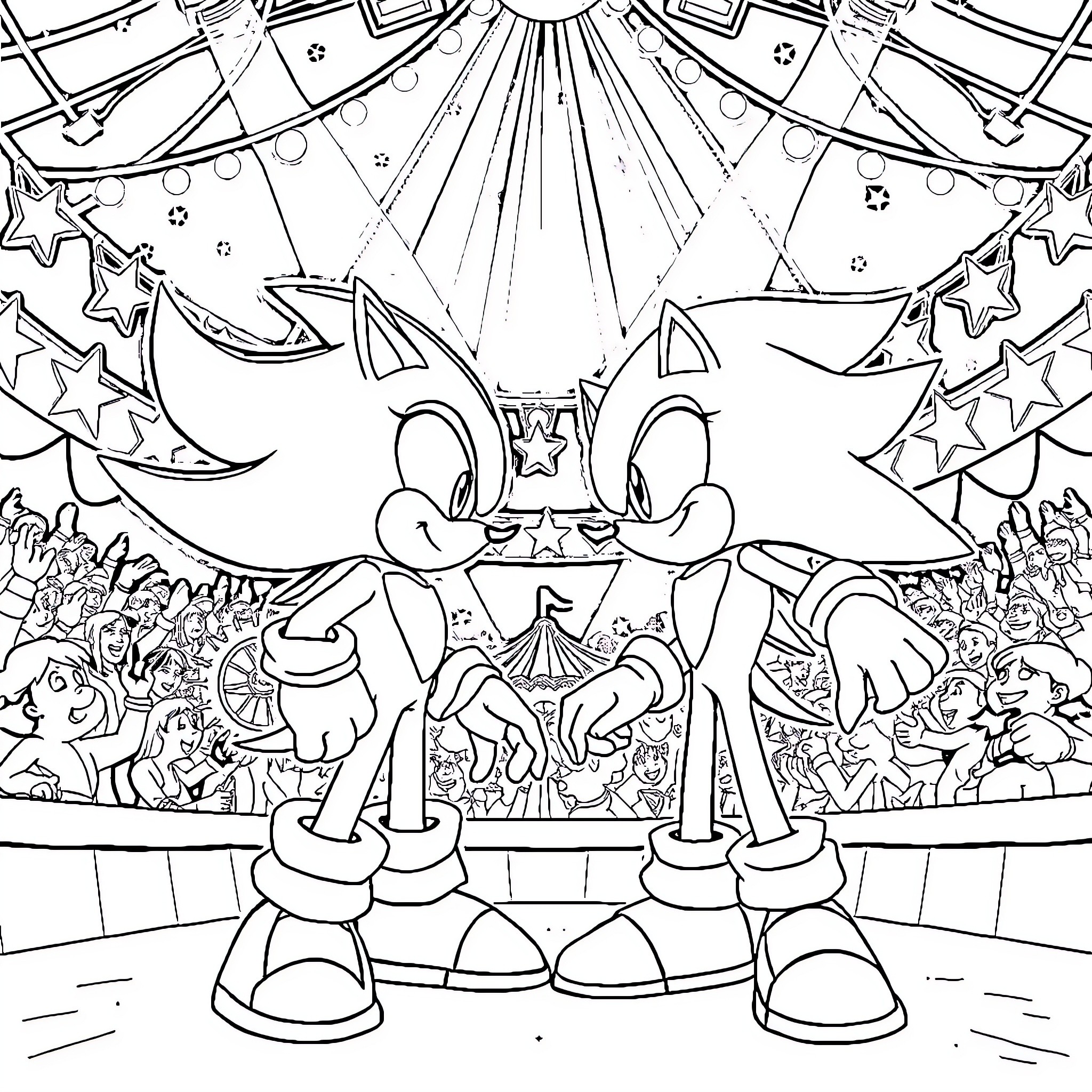 Shadow Performers Shine on the Circus Stage Coloring Page (free black-and-white line drawing printable PDF for all, from beginners to advanced learners, including children, teens, adults, and seniors)