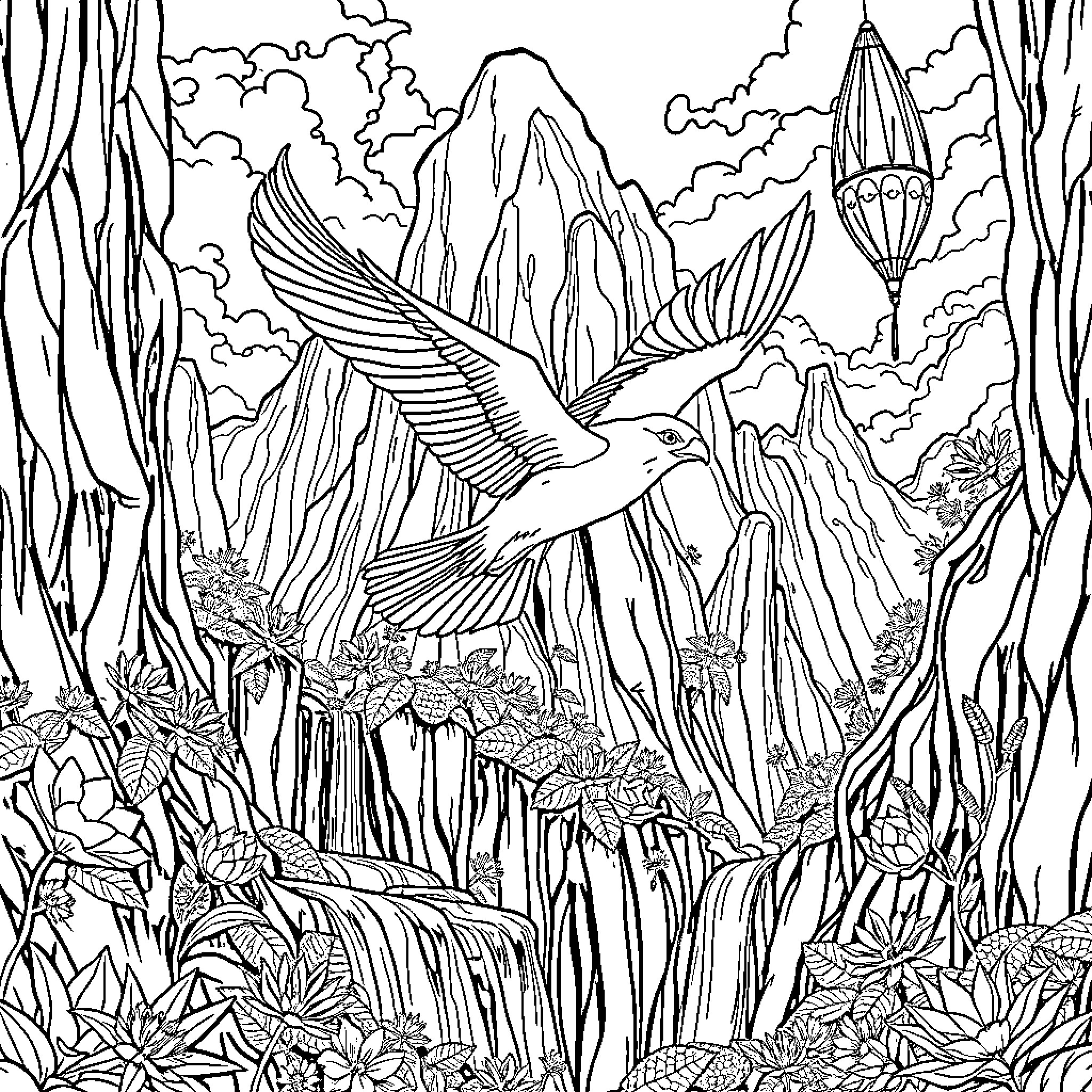 Ikran soaring over a fantastical landscape Coloring Page (free black-and-white line drawing printable PDF for all, from beginners to advanced learners, including children, teens, adults, and seniors)