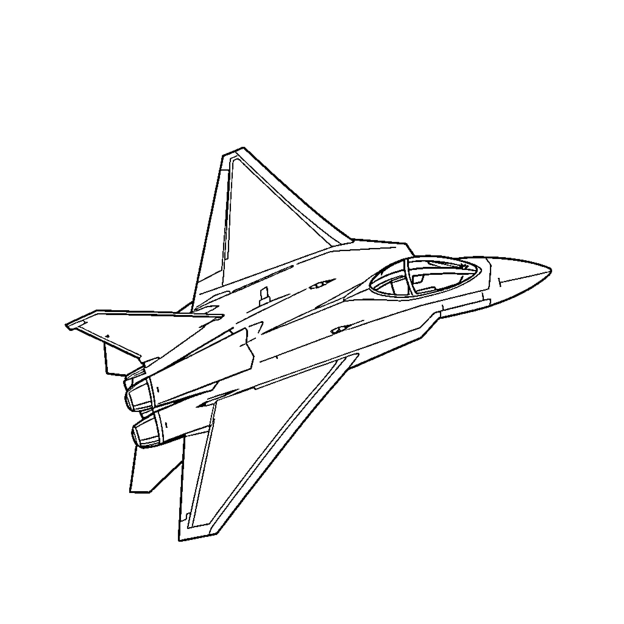 Fighter Jet in flight with weapons Coloring Page (free black-and-white line drawing printable PDF for all, from beginners to advanced learners, including children, teens, adults, and seniors)