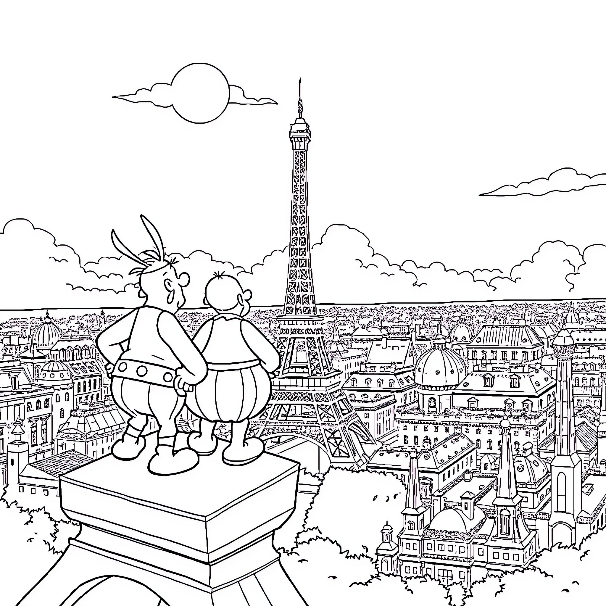 Asterix and Obelix overlooking the city of Paris Coloring Page (free black-and-white line drawing printable PDF for all, from beginners to advanced learners, including children, teens, adults, and seniors)