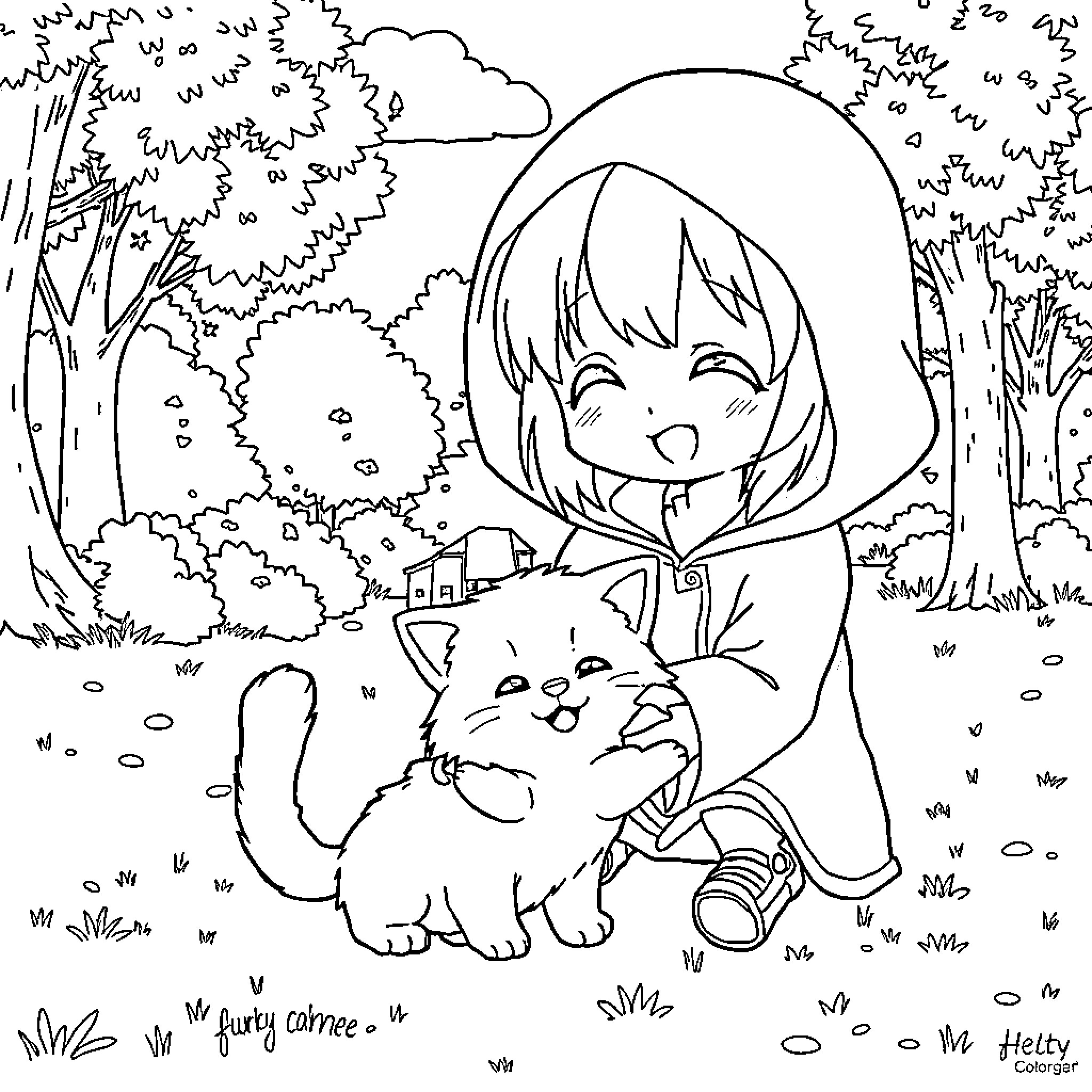 Kuromi enjoying nature with a cute pet Coloring Page (free black-and-white line drawing printable PDF for all, from beginners to advanced learners, including children, teens, adults, and seniors)