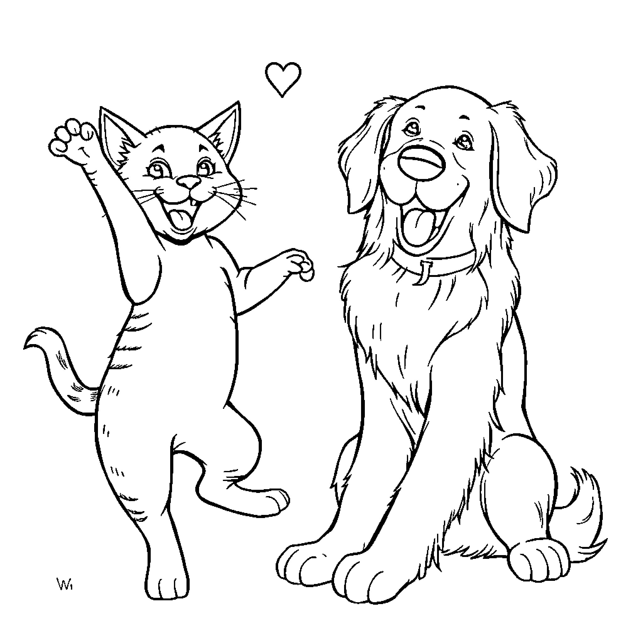 Cat and Dog Enjoying Together Coloring Page (free black-and-white line drawing printable PDF for all, from beginners to advanced learners, including children, teens, adults, and seniors)