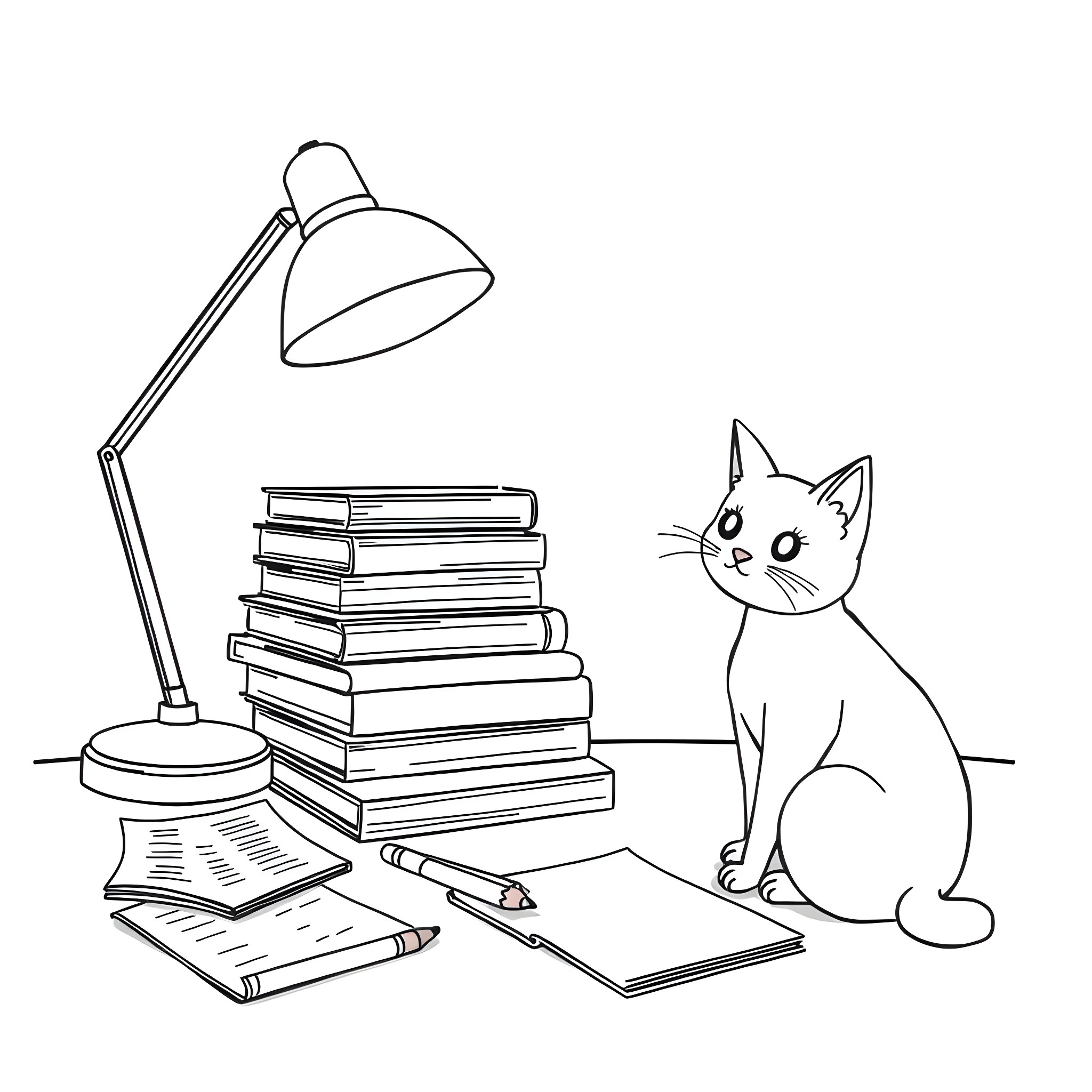 Shine Desk and Books with Curious Cat Coloring Page (free black-and-white line drawing printable PDF for all, from beginners to advanced learners, including children, teens, adults, and seniors)
