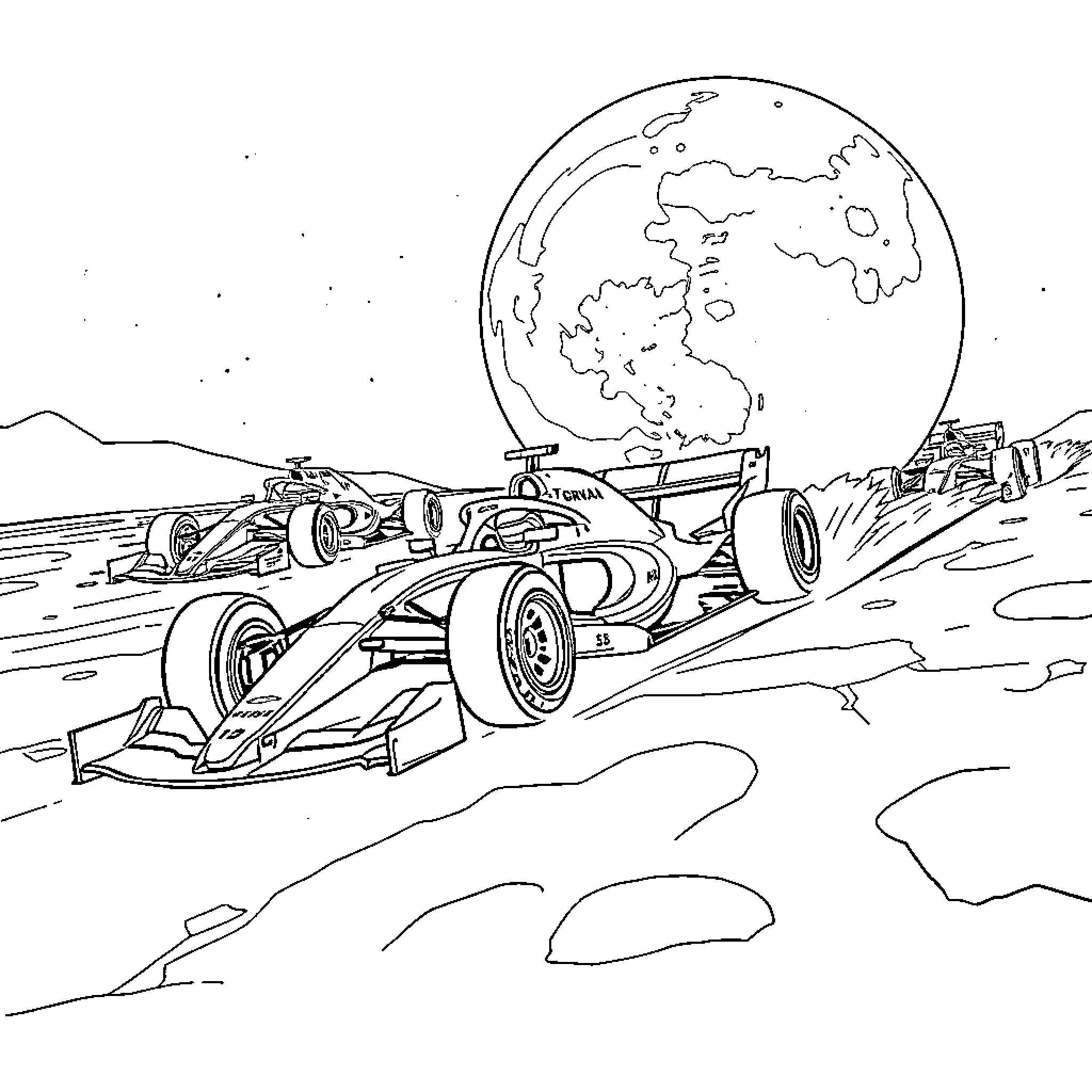 Formule 1 Racing on Cosmic Raceway Coloring Page (free black-and-white line drawing printable PDF for all, from beginners to advanced learners, including children, teens, adults, and seniors)