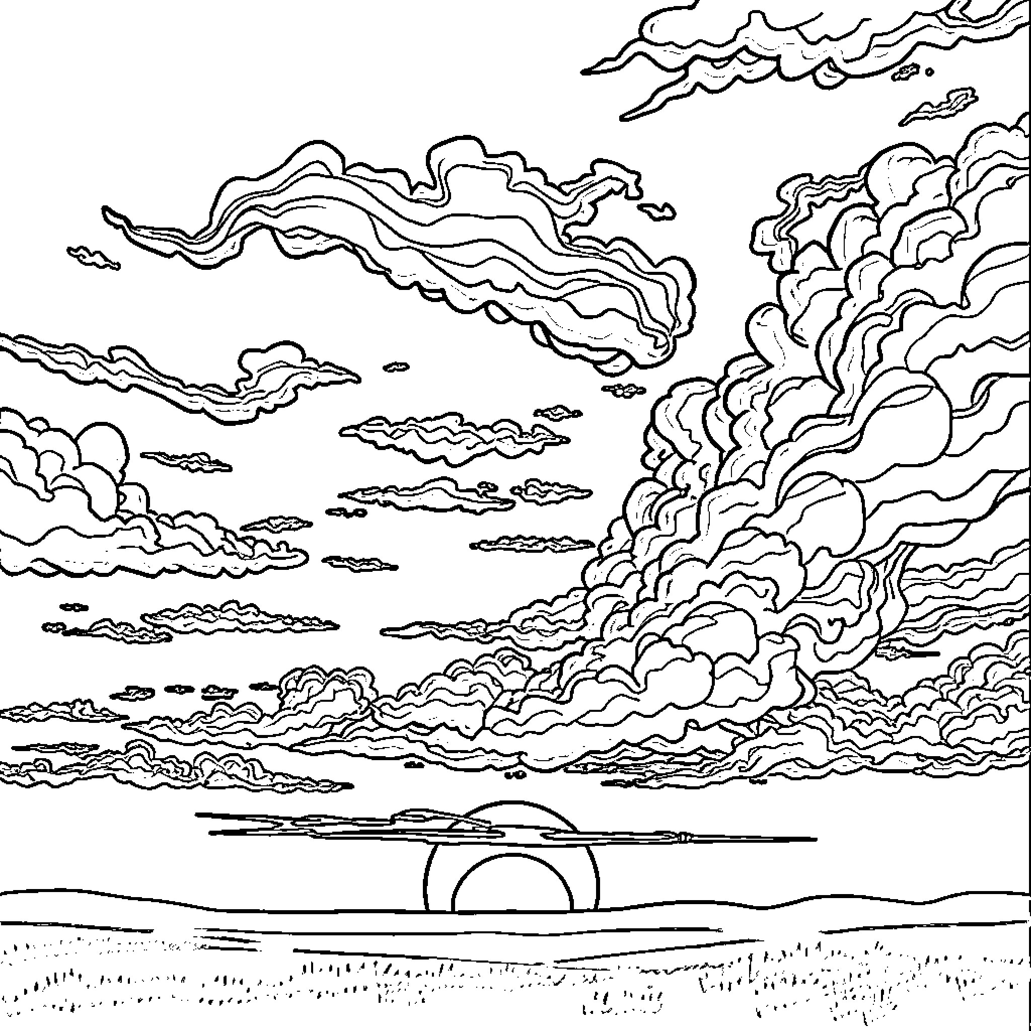 Sunset clouds and landscape Coloring Page (free black-and-white line drawing printable PDF for all, from beginners to advanced learners, including children, teens, adults, and seniors)