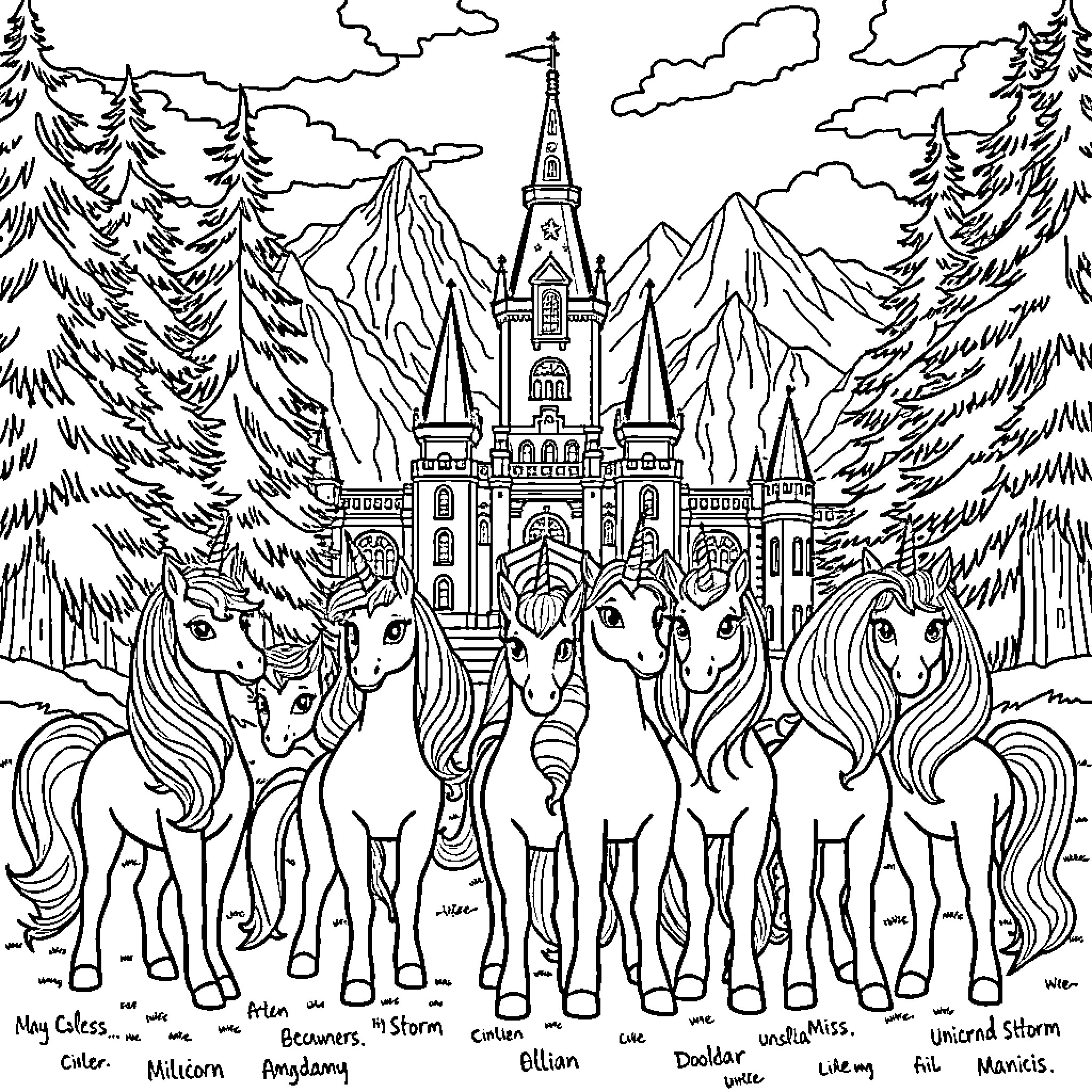 Unicorn Enchantment in the Enchanted Castle Coloring Page (free black-and-white line drawing printable PDF for all, from beginners to advanced learners, including children, teens, adults, and seniors)