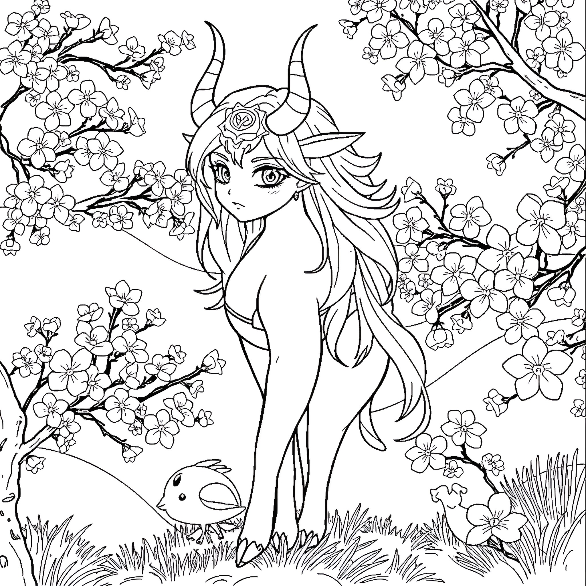 Ganyu enjoying the blooming flowers Coloring Page (free black-and-white line drawing printable PDF for all, from beginners to advanced learners, including children, teens, adults, and seniors)