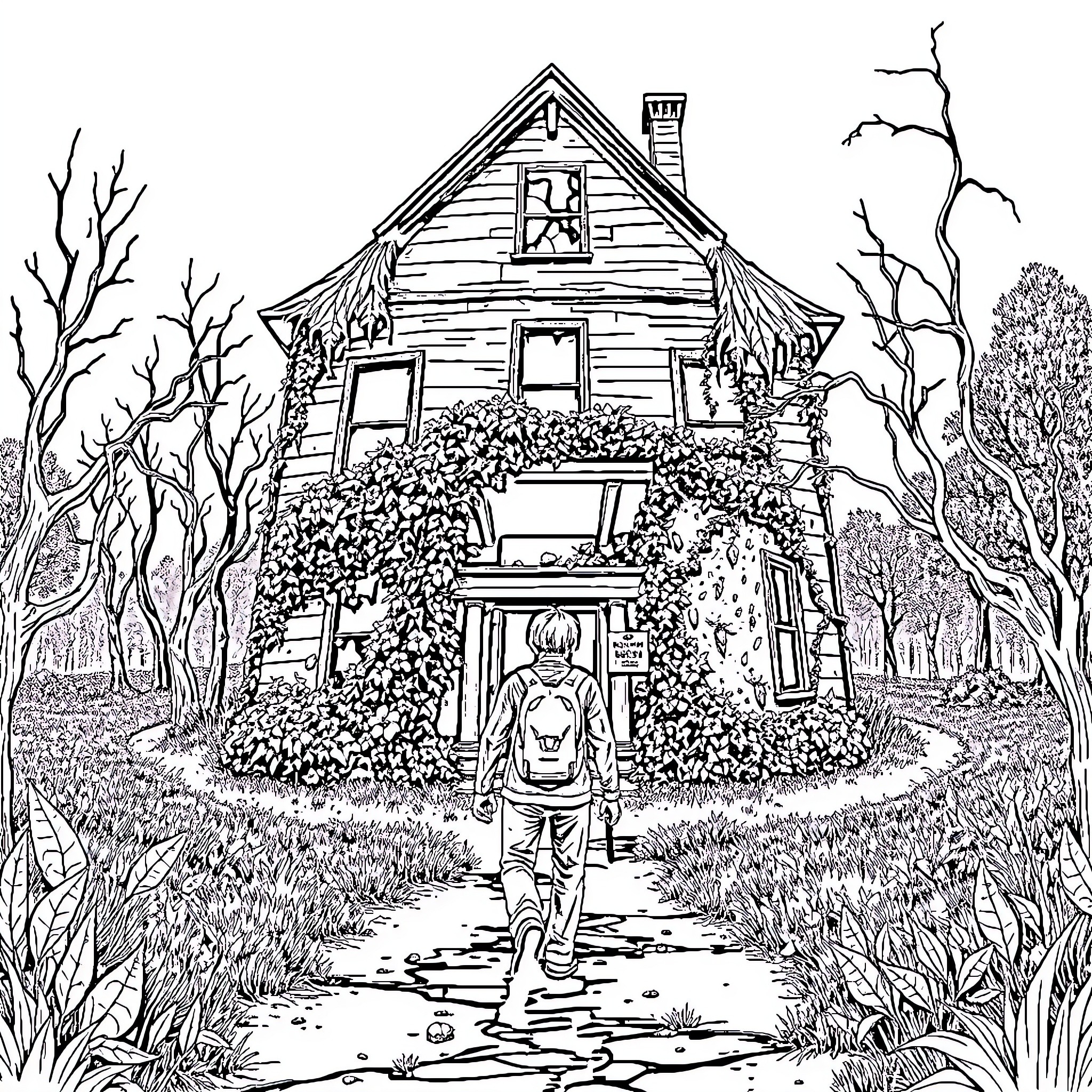 Clicker Explores the Mysterious Haunted House Coloring Page (free black-and-white line drawing printable PDF for all, from beginners to advanced learners, including children, teens, adults, and seniors)