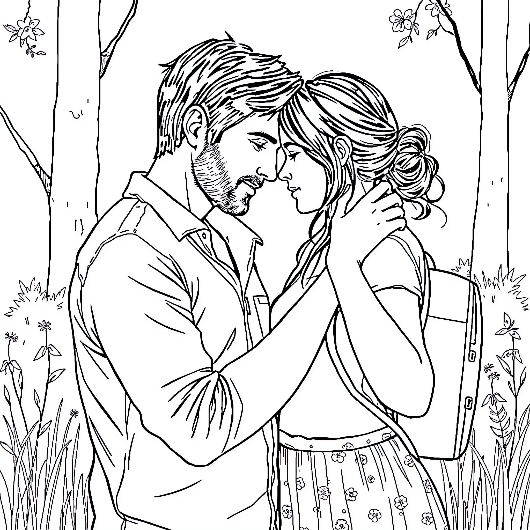 Joel and Ellie embrace lovingly in nature Coloring Page (free black-and-white line drawing printable PDF for all, from beginners to advanced learners, including children, teens, adults, and seniors)