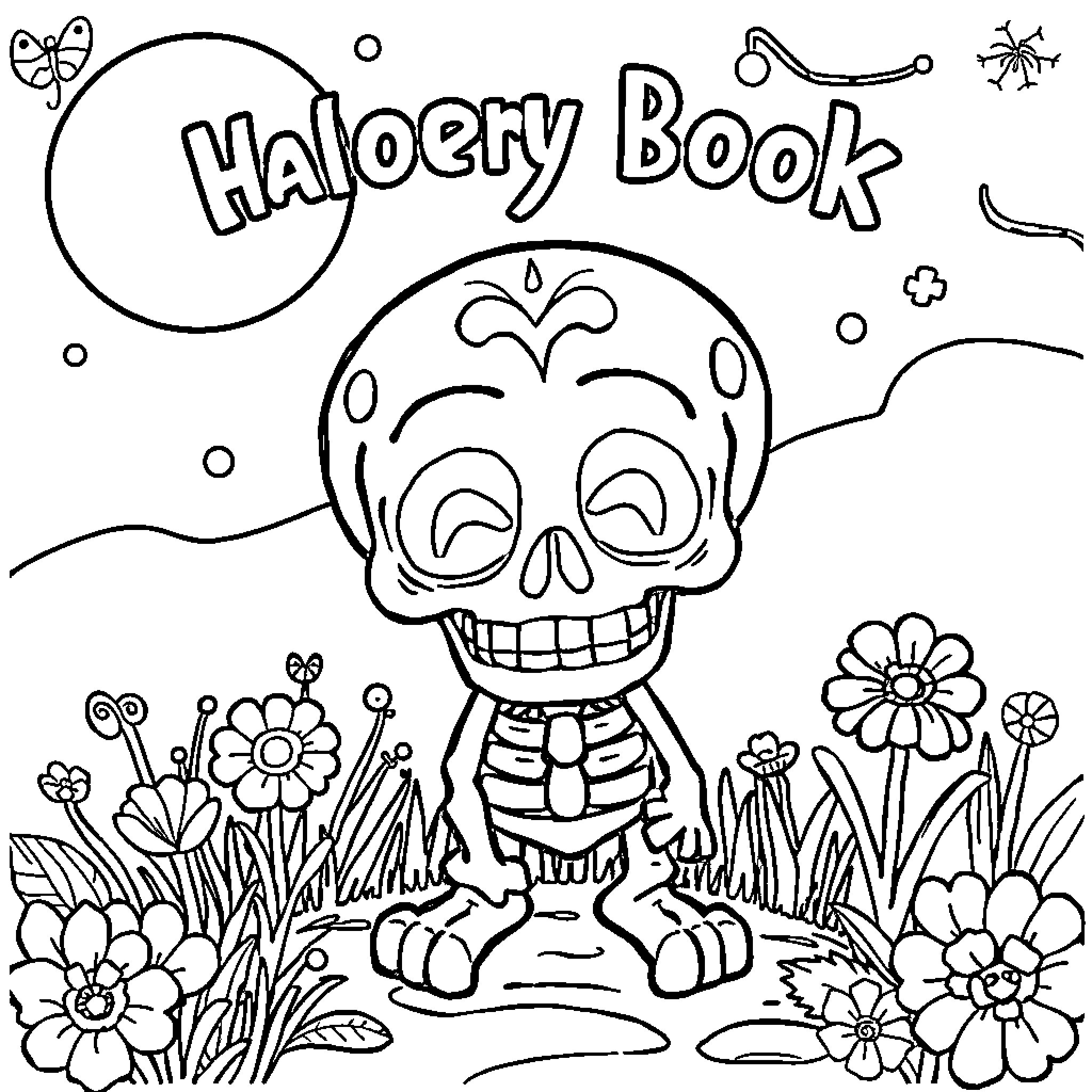 Skull smiling in a flower garden Coloring Page (free black-and-white line drawing printable PDF for all, from beginners to advanced learners, including children, teens, adults, and seniors)