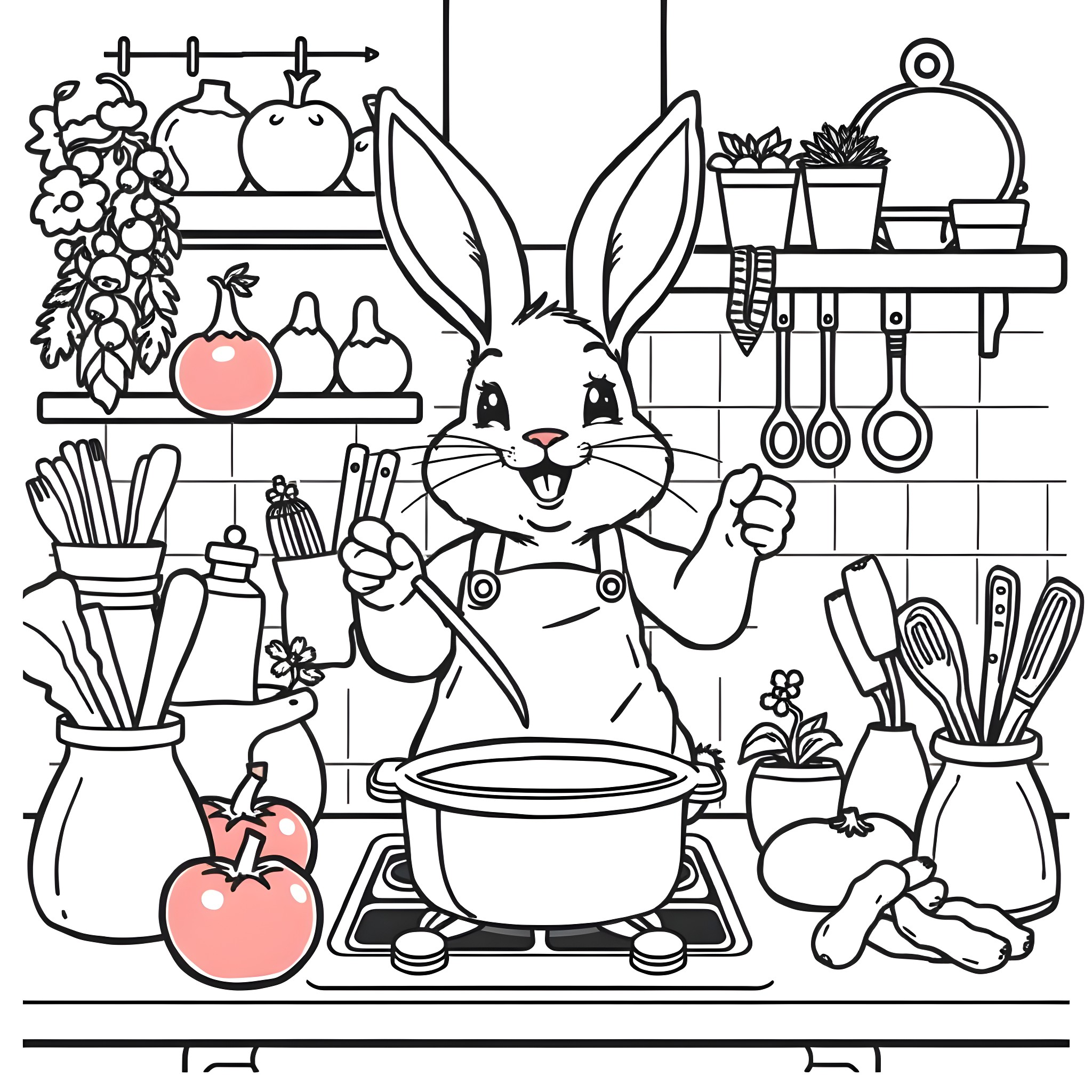 Bunny Cooking Happily in the Kitchen Coloring Page (free black-and-white line drawing printable PDF for all, from beginners to advanced learners, including children, teens, adults, and seniors)