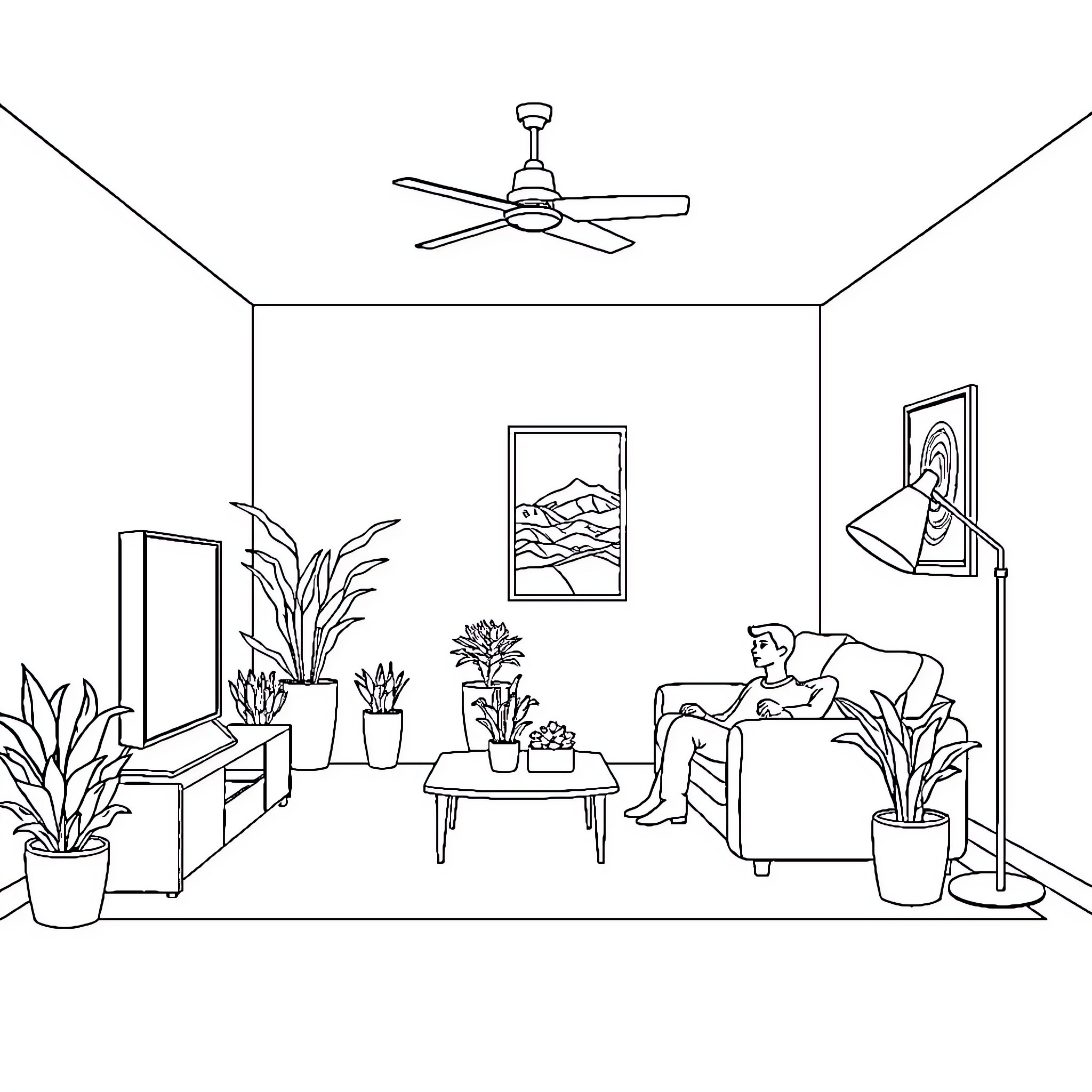 Living Room with Furniture and Decor Coloring Page (free black-and-white line drawing printable PDF for all, from beginners to advanced learners, including children, teens, adults, and seniors)