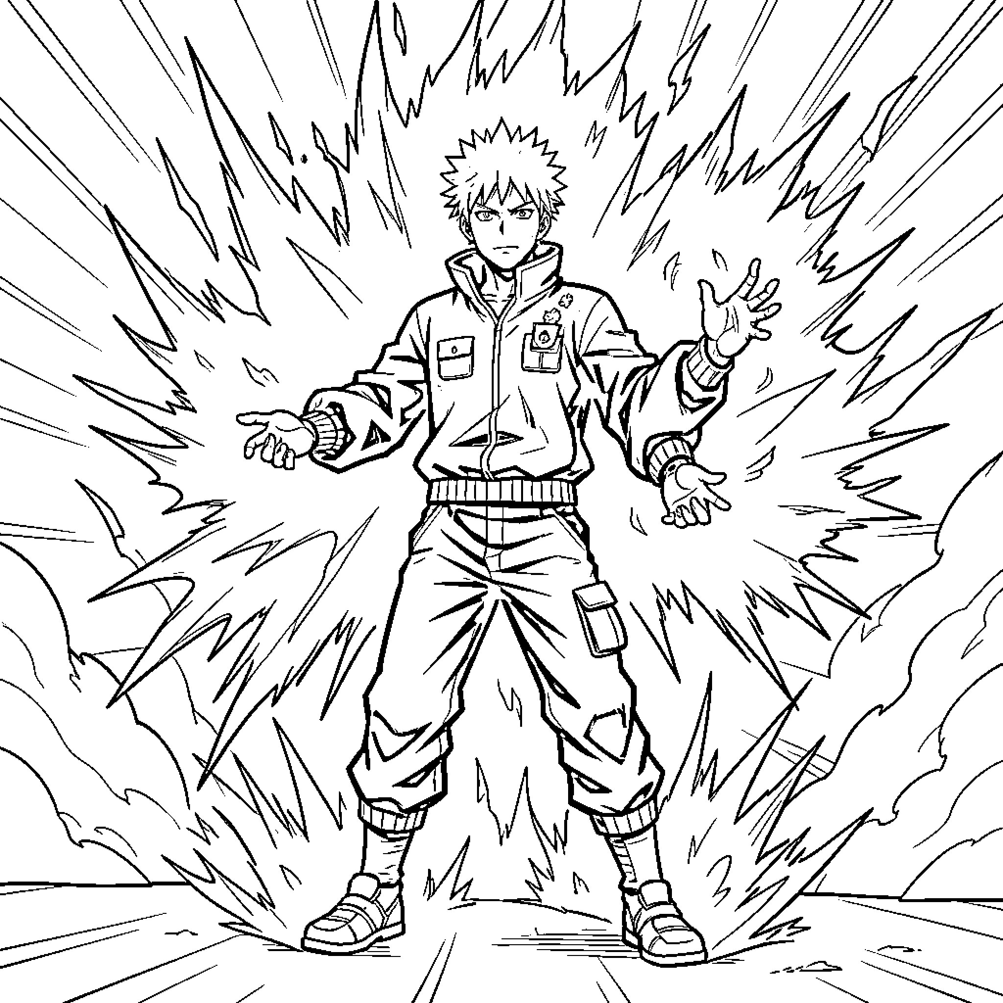 Gojo standing intensely amidst an explosive energy burst Coloring Page (free black-and-white line drawing printable PDF for all, from beginners to advanced learners, including children, teens, adults, and seniors)