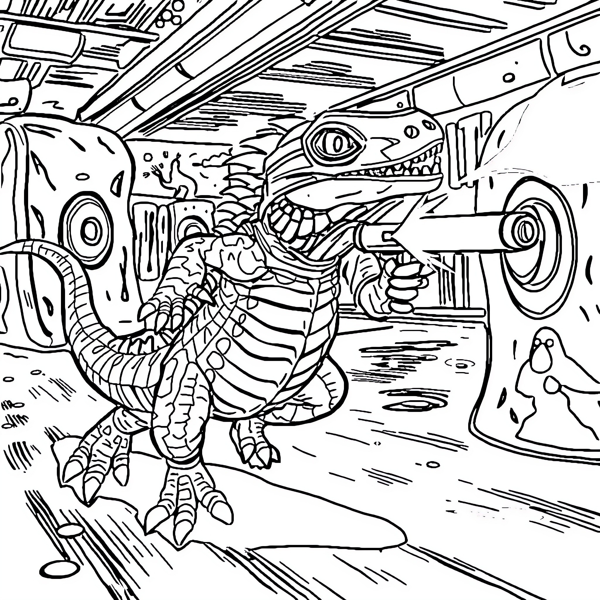 Komodo Dragon Confronting Futuristic Environment Coloring Page (free black-and-white line drawing printable PDF for all, from beginners to advanced learners, including children, teens, adults, and seniors)