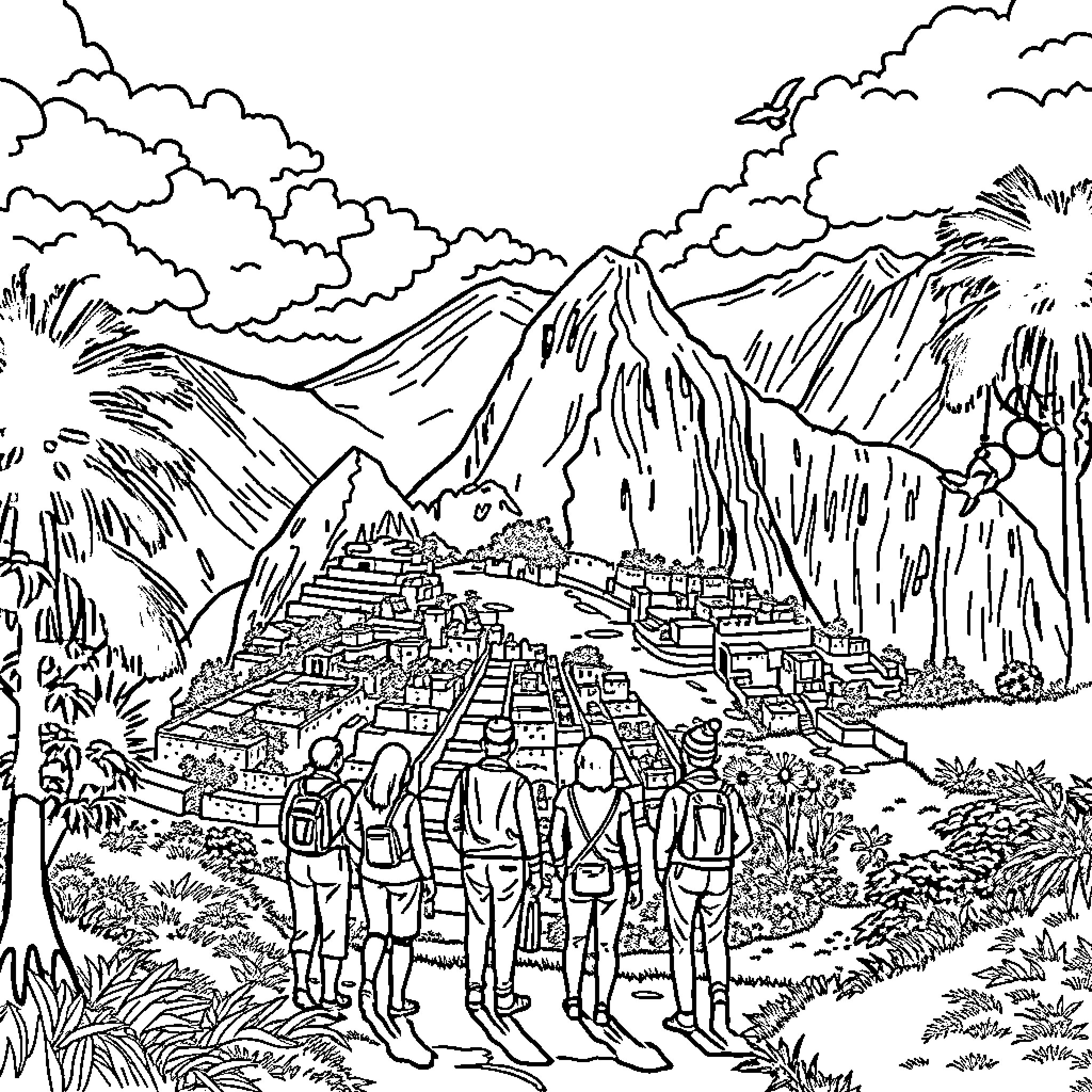 Machu Picchu: Explorers amid the Andes Coloring Page (free black-and-white line drawing printable PDF for all, from beginners to advanced learners, including children, teens, adults, and seniors)