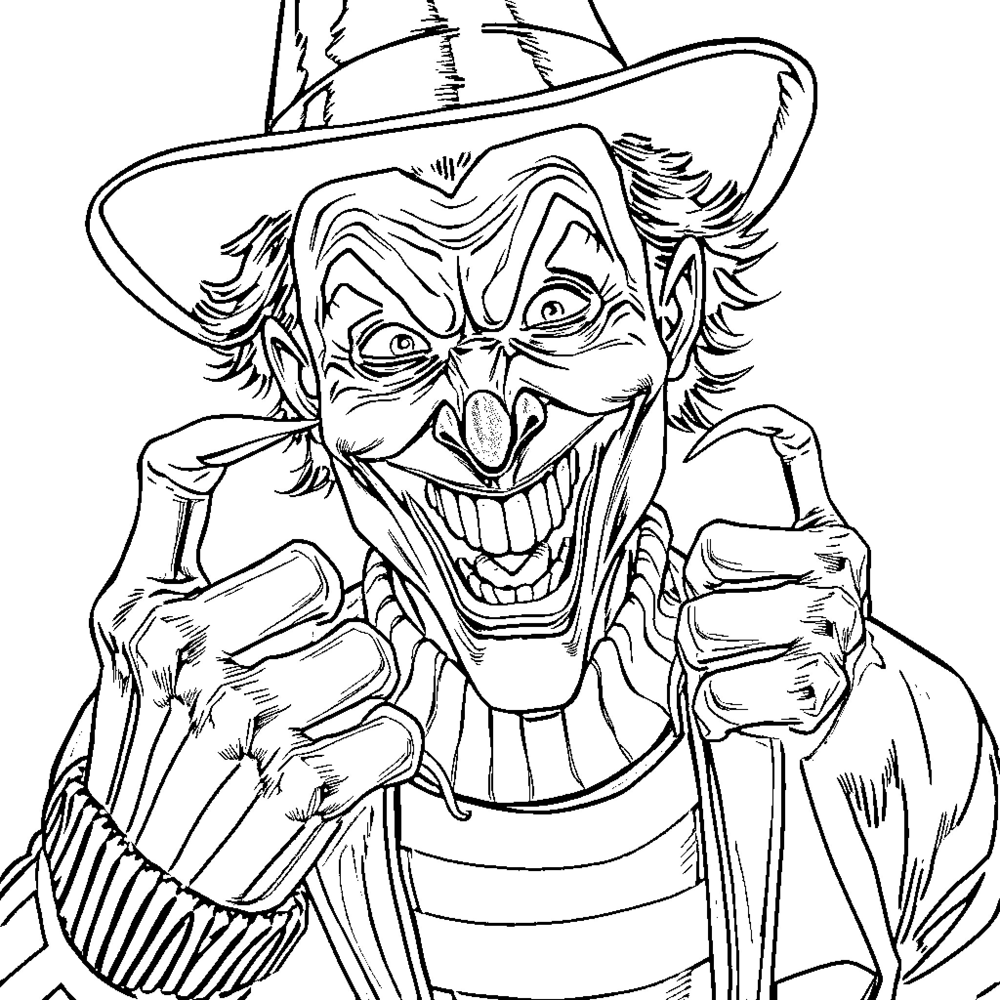 Joker in Mischievous Expression Coloring Page (free black-and-white line drawing printable PDF for all, from beginners to advanced learners, including children, teens, adults, and seniors)