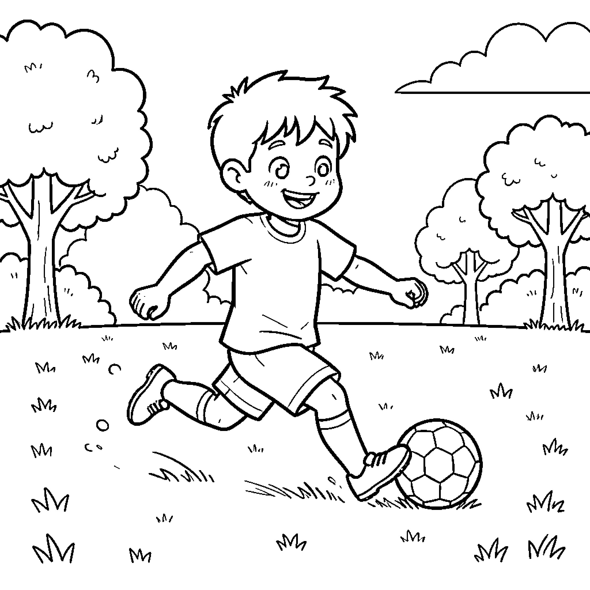 Boy playing soccer in the park Coloring Page (free black-and-white line drawing printable PDF for all, from beginners to advanced learners, including children, teens, adults, and seniors)