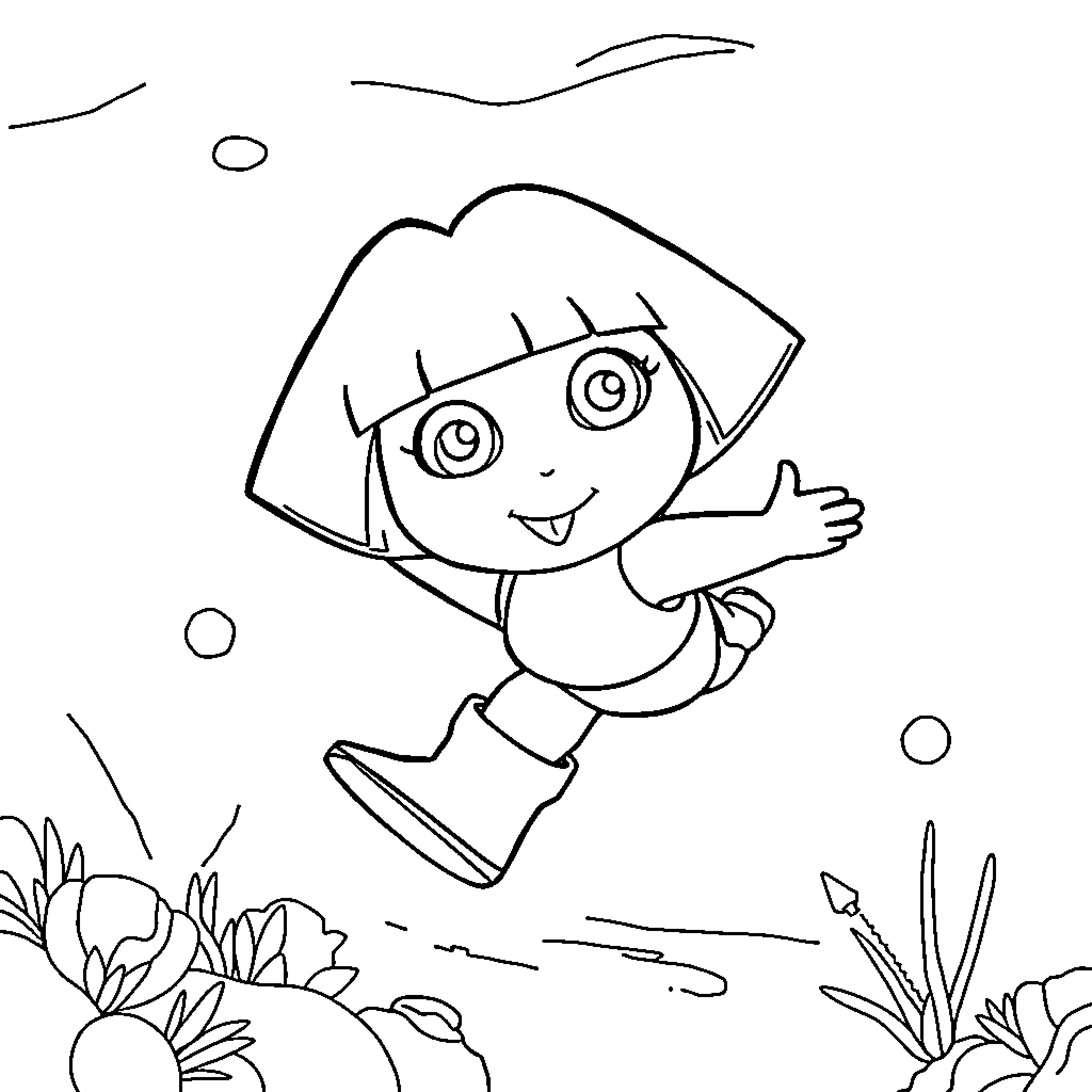 Dora exploring the outdoors with joy Coloring Page (free black-and-white line drawing printable PDF for all, from beginners to advanced learners, including children, teens, adults, and seniors)