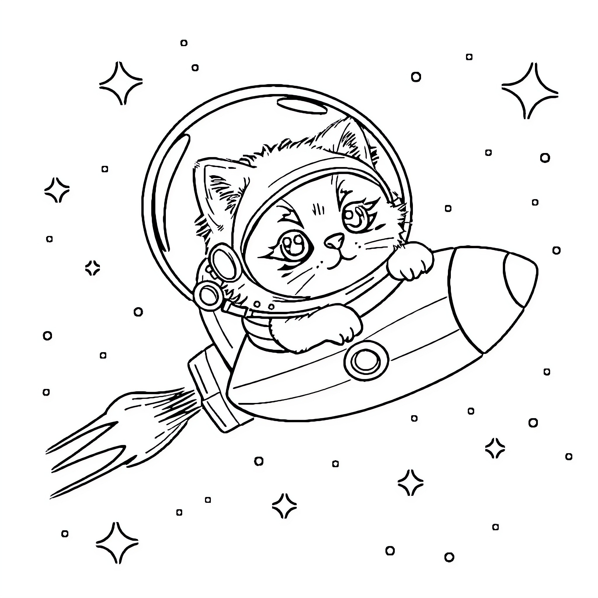 Cat astronaut exploring the cosmic universe Coloring Page (free black-and-white line drawing printable PDF for all, from beginners to advanced learners, including children, teens, adults, and seniors)