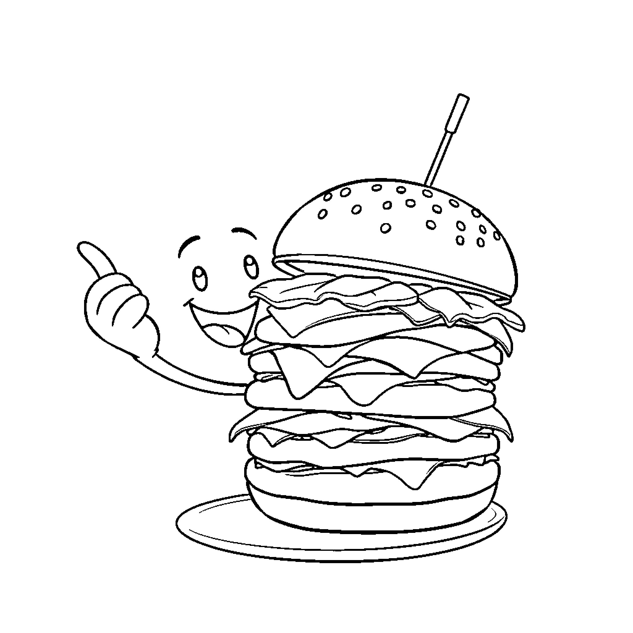 Burger with Animated Expression Coloring Page (free black-and-white line drawing printable PDF for all, from beginners to advanced learners, including children, teens, adults, and seniors)
