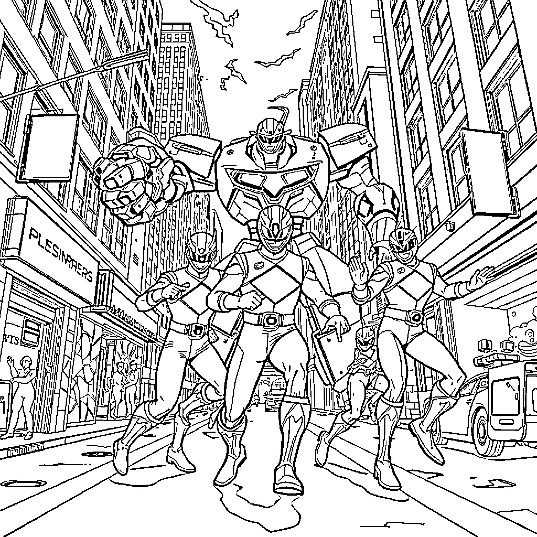 Power Rangers Battling Villains in the City Coloring Page (free black-and-white line drawing printable PDF for all, from beginners to advanced learners, including children, teens, adults, and seniors)